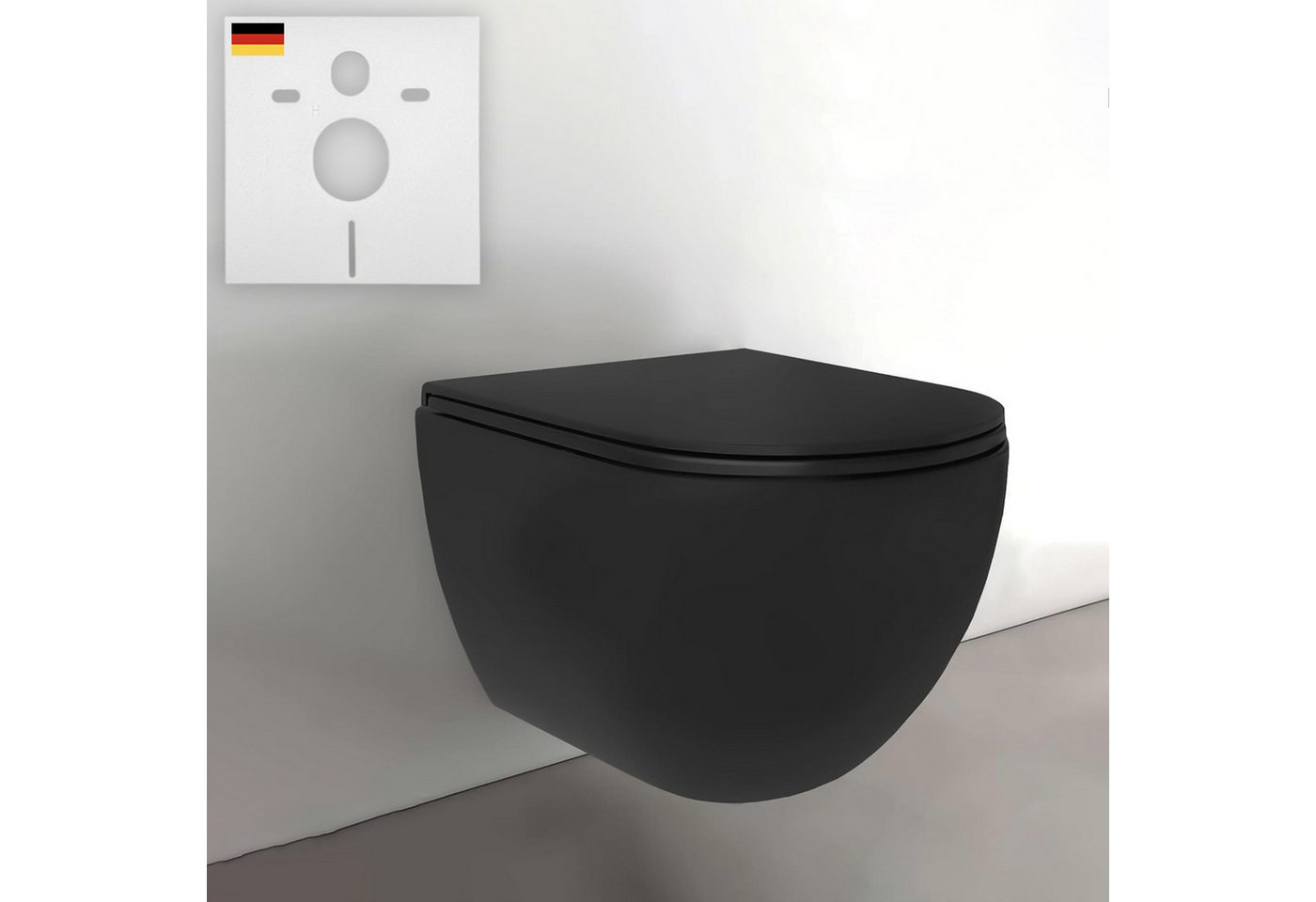 Alpenberger Tiefspül-WC - Hänge WC Schwarz Matt Spülrandlos - Schwarze Toilette mit Nano, wandhängend, Abgang waagerecht, Komplett-Set Wand WC, Hänge WC mit Schallschutz - Made in EU - Passend Geberit
