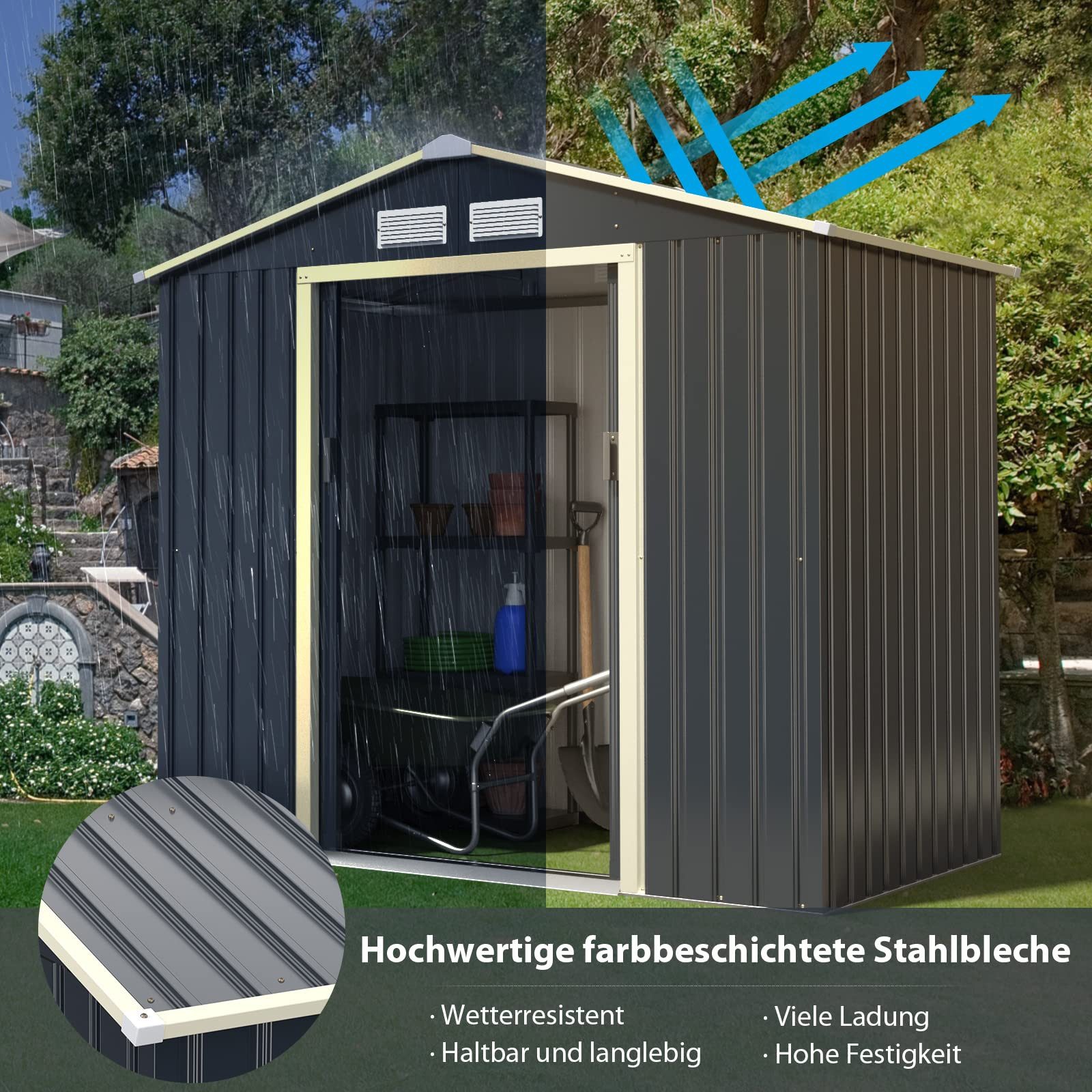 COSTWAY Gerätehaus, BxT: 213x127 cm, mit 4 Luftschlitzen & Schiebetür