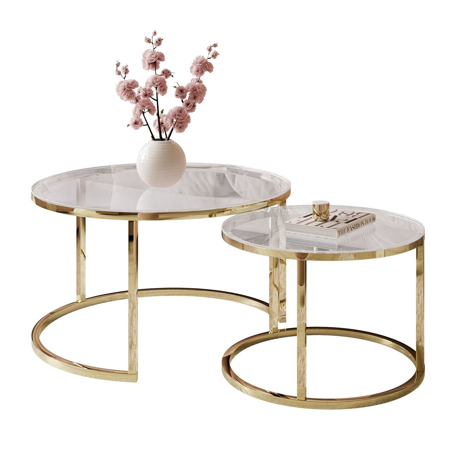 Lookway Couchtisch CIRI 2in1 GLASS mit Gold Chrom Gestell (2er Set), Durchm günstig online kaufen