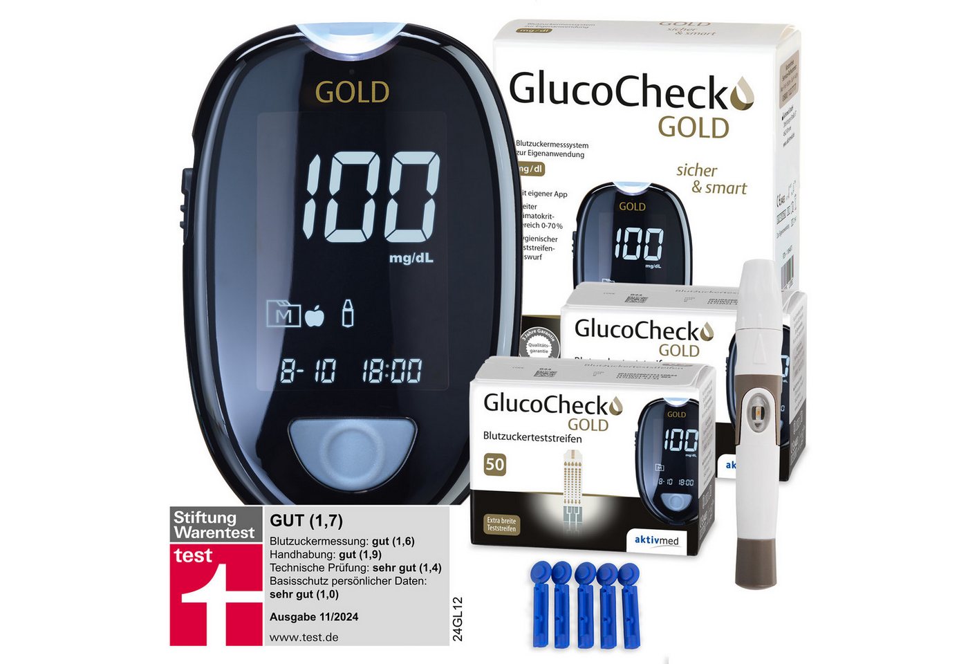 GlucoCheck Blutzuckermessgerät GlucoCheck GOLD Starter-Set mit 110 Teststreifen mg/dl