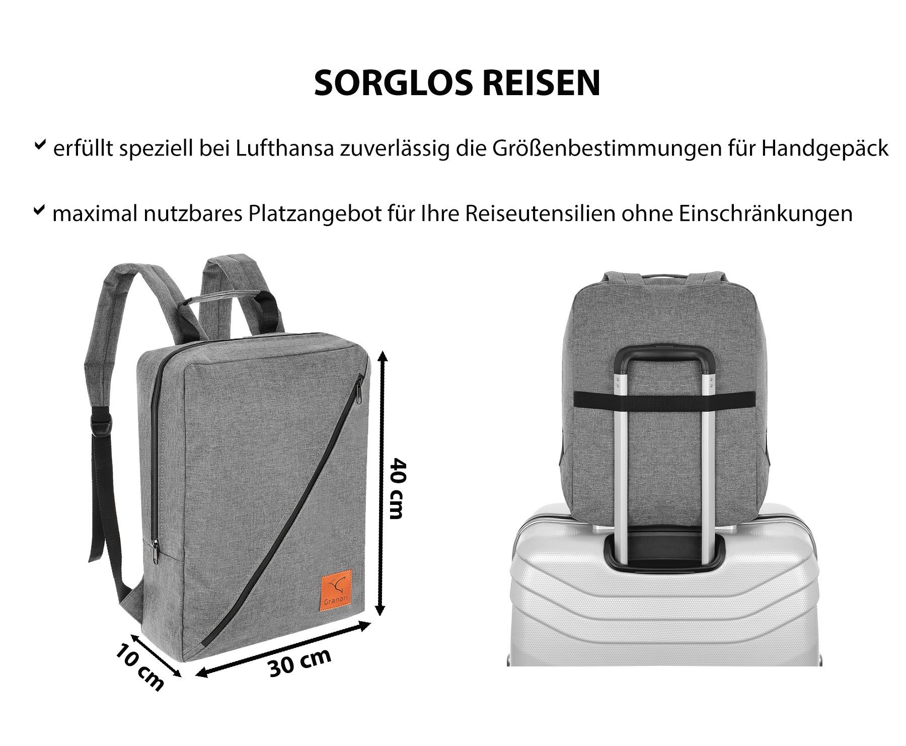 Granori Reiserucksack 40x30x10 cm Handgepäck abschließbar Lufthansa, leicht Grau für extra und
