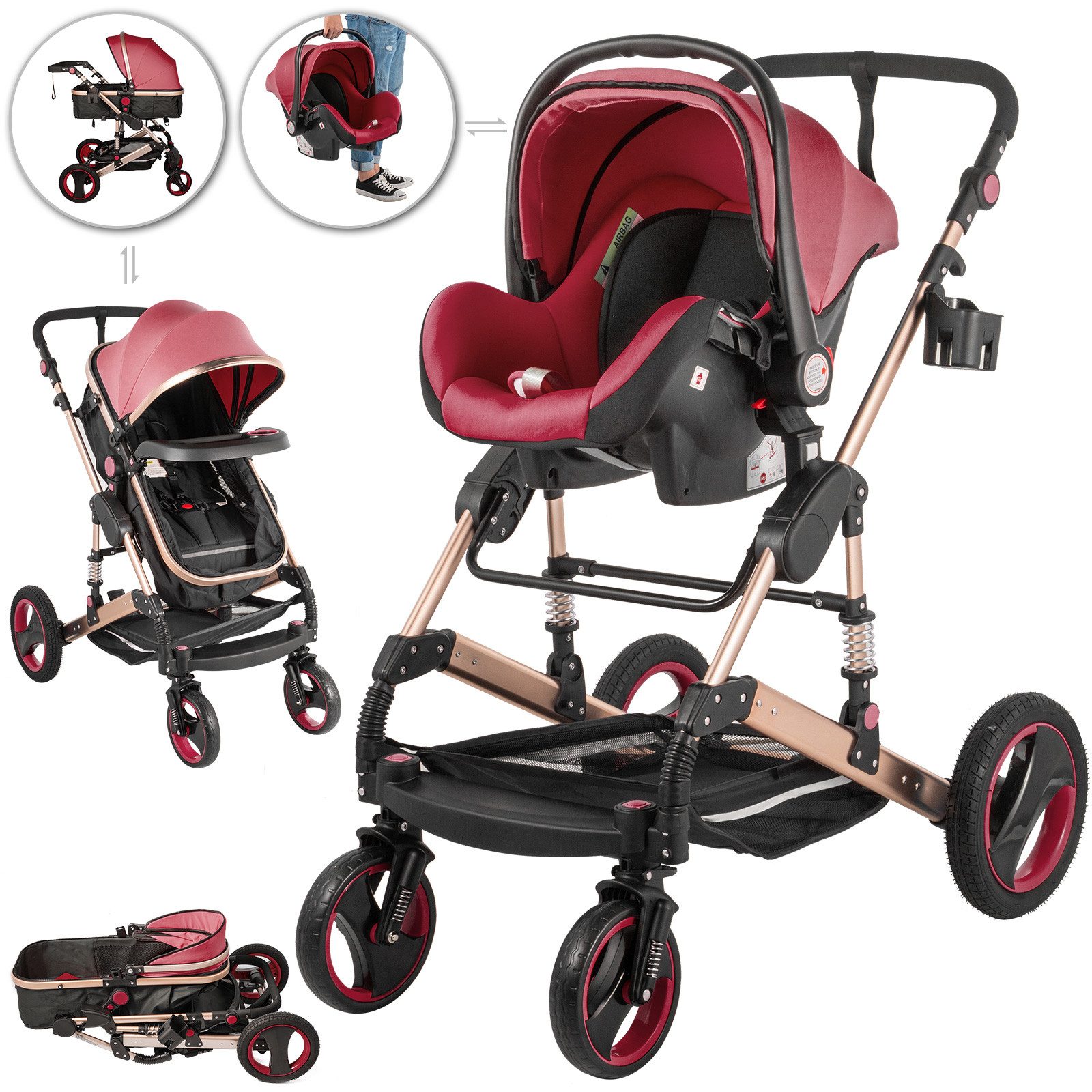 VEVOR Kombi-Kinderwagen 3 In 1 Anti Shock Kinderwagen und Faltbarer Multi Funktionen Rot