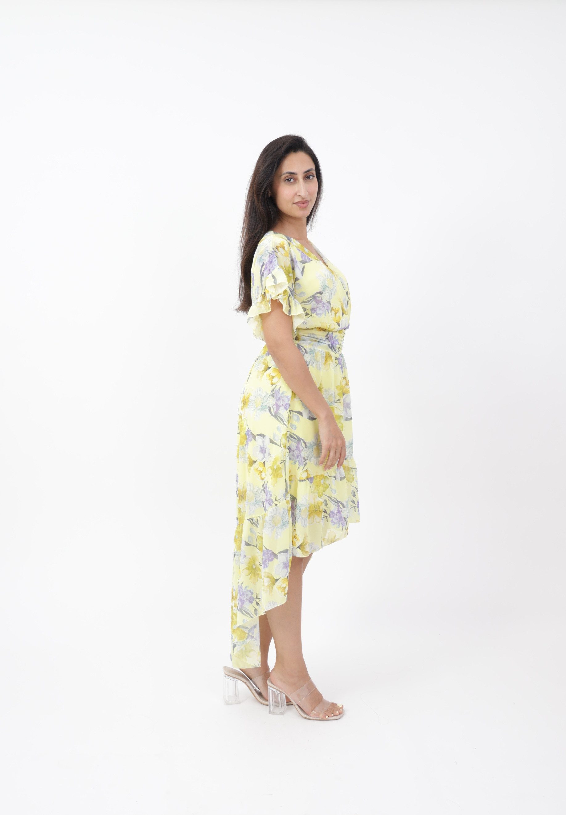 Elara Sommerkleid Damen Vokuhila Kleid – Chiffon Sommerkleid mit Floral Blumenmuster mit Muster