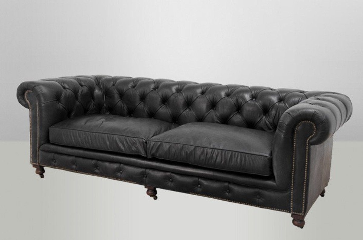 Casa Padrino Chesterfield-Sofa Chesterfield Luxus Echt Leder Sofa 3 Sitzer Vintage Leder von Old Saddle Black