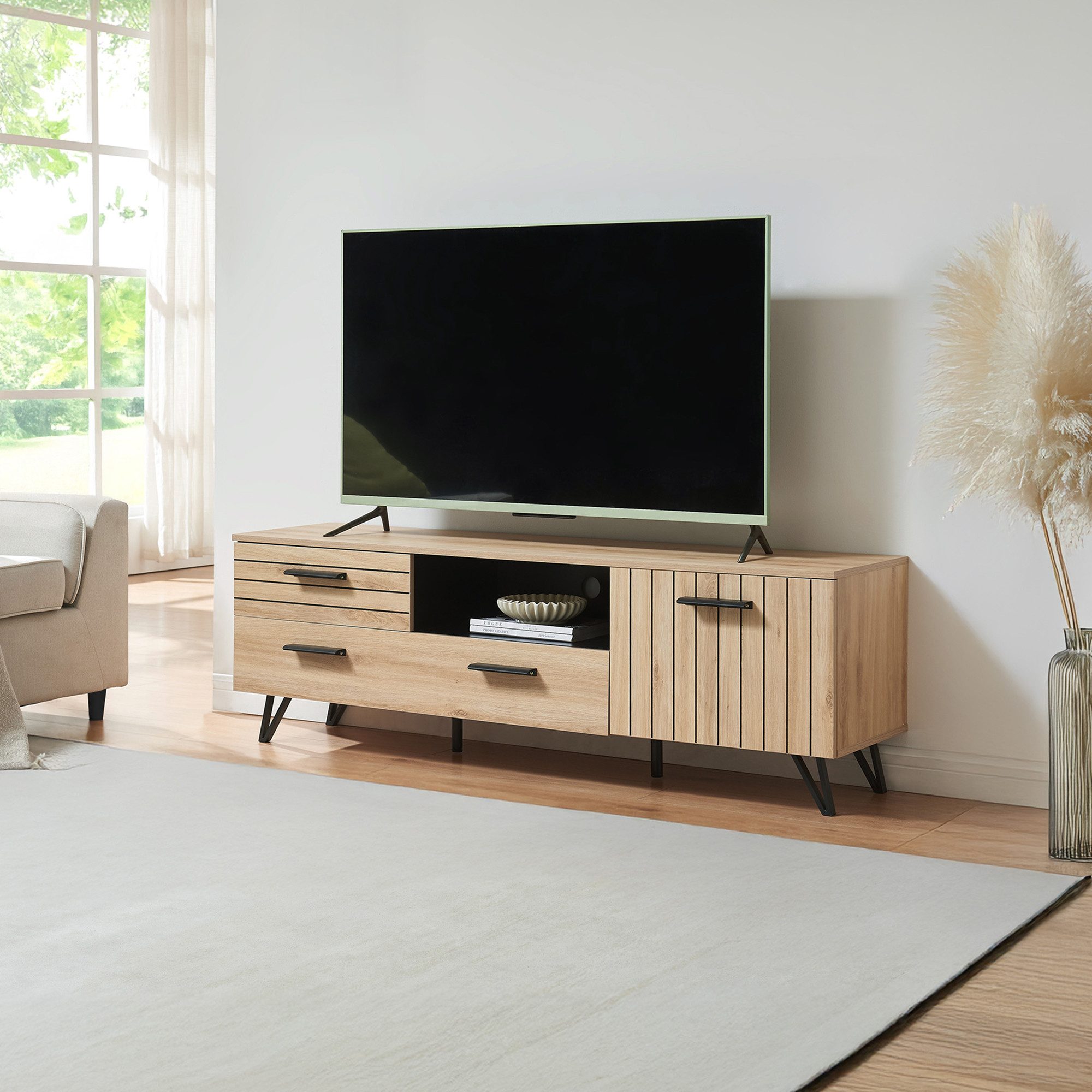 en.casa TV-Schrank »Noppen« mit Tür 150 x 38 x 49 cm Eicheoptik günstig online kaufen