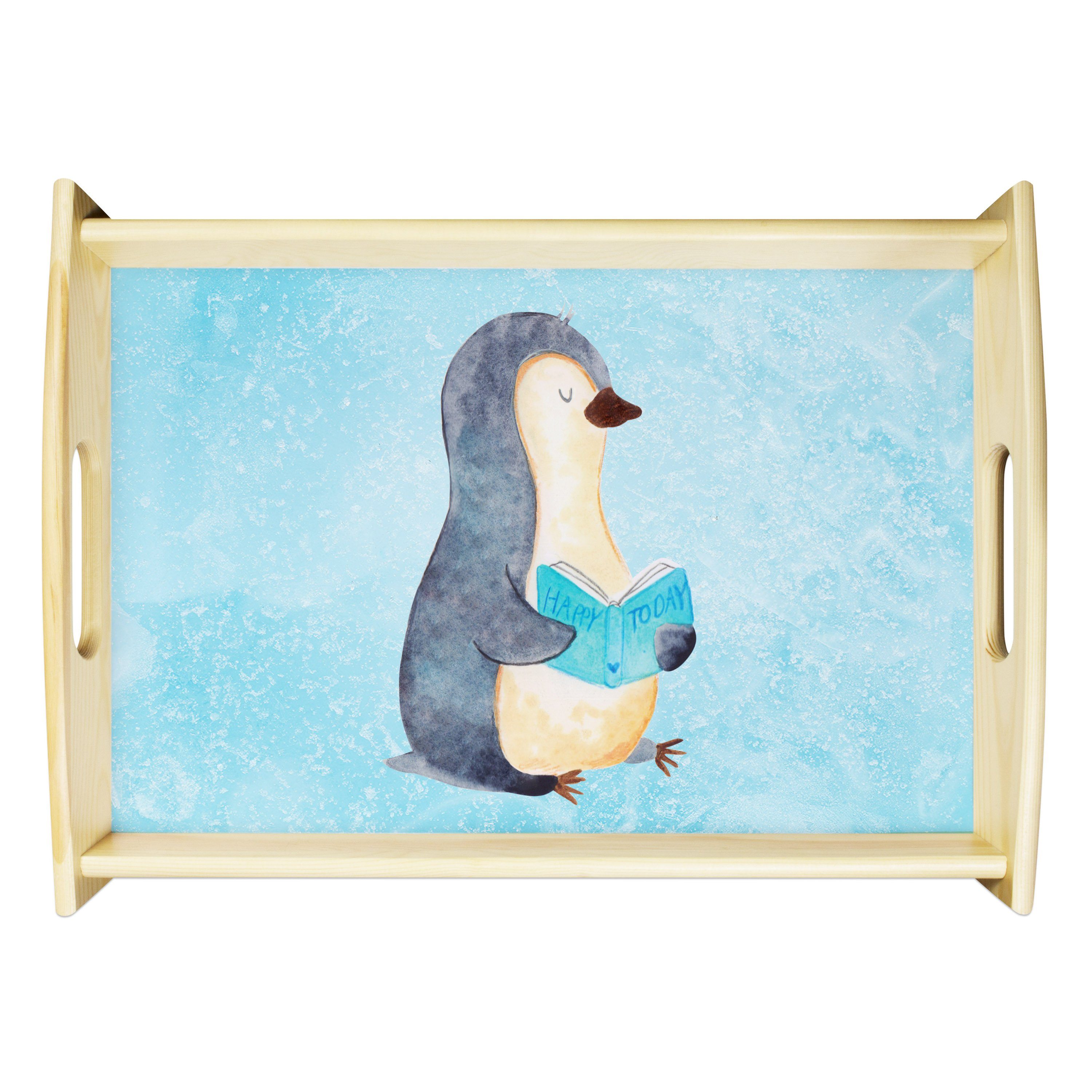 Mr. & Mrs. Panda Tablett Pinguin Buch - Eisblau - Geschenk, Holztablett, Bücherwurm, nichtstun, Echtholz lasiert, (1-tlg)