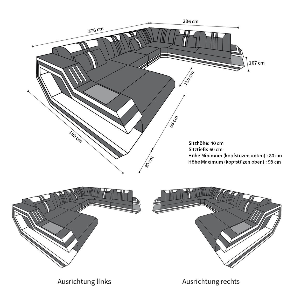 Sofa Dreams Wohnlandschaft Sofa Leder Ledercouch Ravenna XXL U Form Ledersofa, Couch, mit LED, wahlweise mit Bettfunktion als Schlafsofa, Designersofa