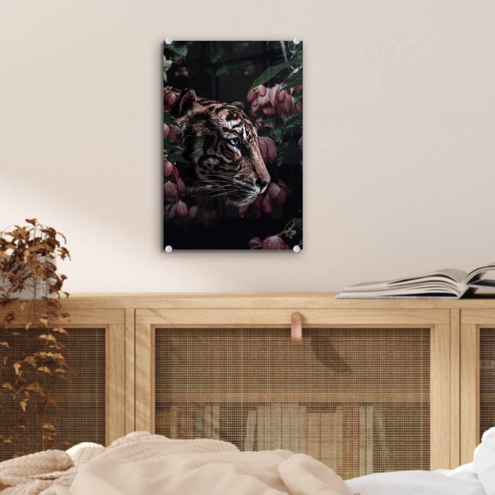 MuchoWow Acrylglasbild Tiger - (1 Wandbild Glas Blumen, bunt - Glas auf St), - - auf Glasbilder Bilder Foto Rosa - Wanddekoration