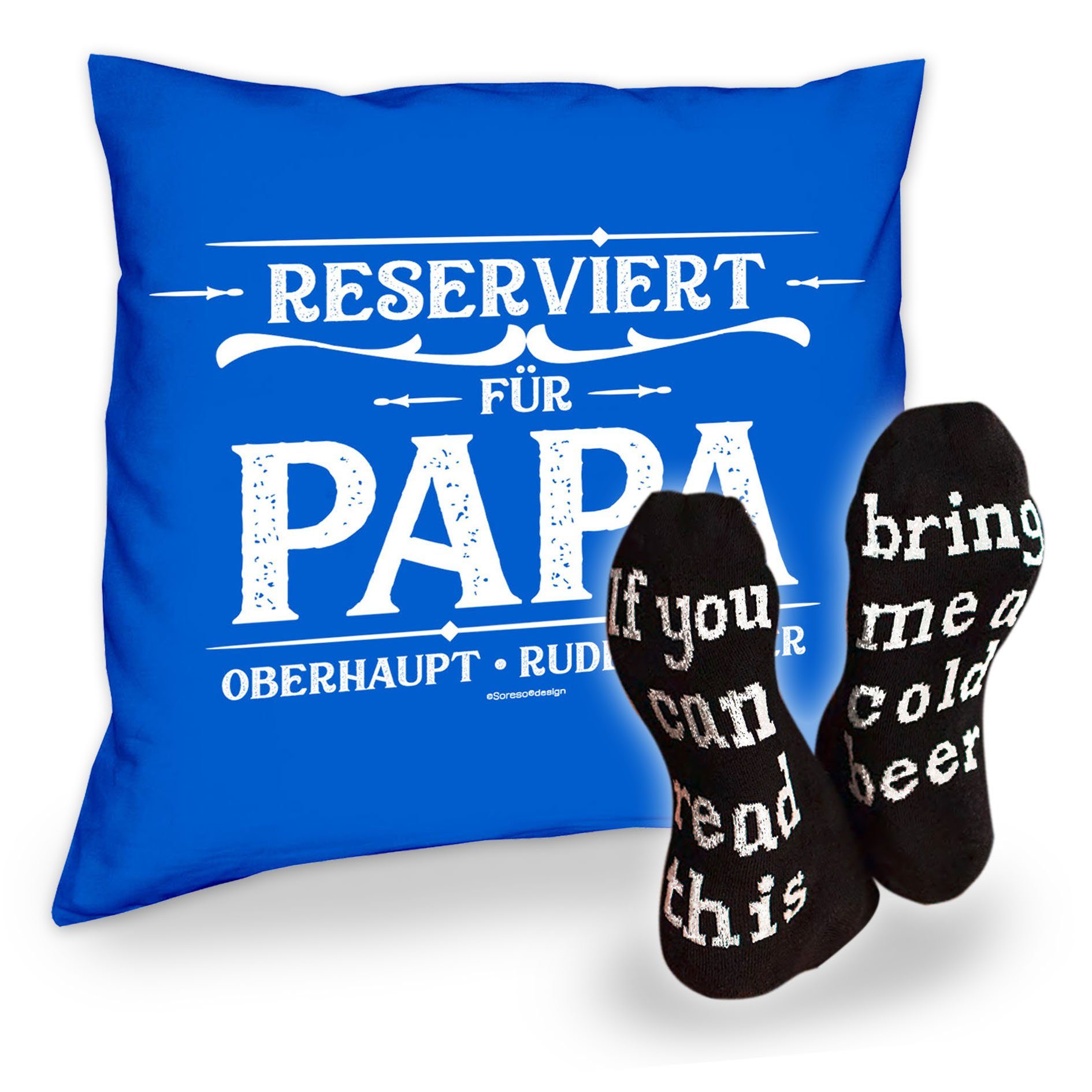 Kissen für Geschenkidee Weihnachtsgeschenk und Dekokissen Reserviert Papa Socken Bier Soreso® Spruch, royal-blau mit