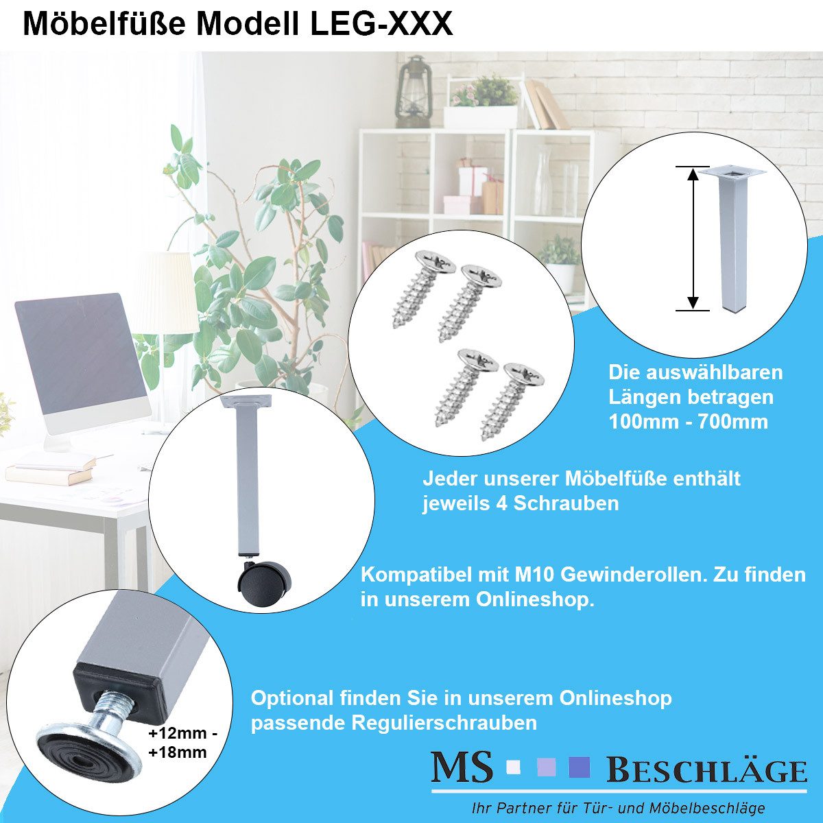 MS Beschläge Möbelfuß 4er Set Möbelstützen Silber Möbelbeine Tischbeine
