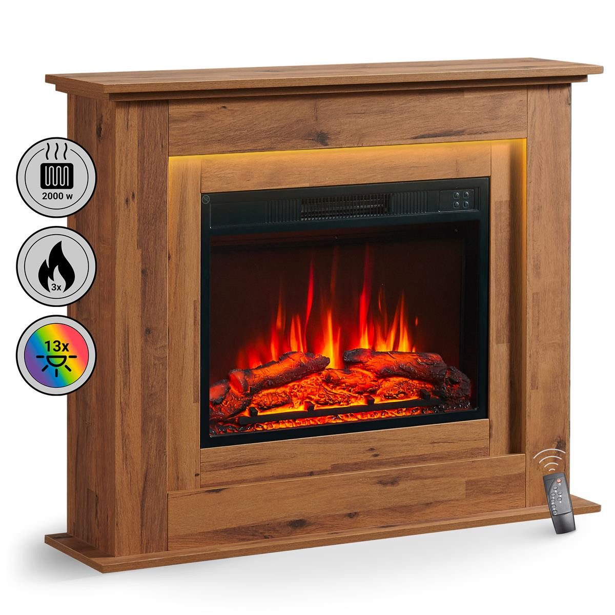 Balderia Elektrokamin Finn Standkamin mit Heizung 2000 W, dunkle Eiche, 3D-Flammeneffekt, Fernbedienung, Timer, Thermostat