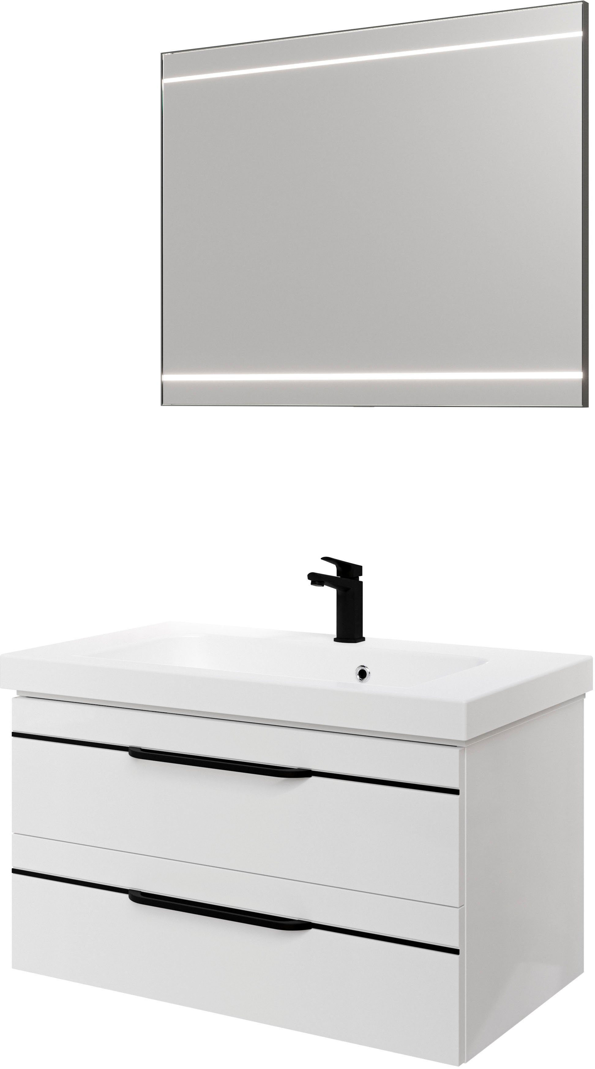 Badmöbel-Set Auszüge Balto, 92 cm LED-Spiegel, 2 PELIPAL Mineralmarmor-Waschtisch und (3-St), mit