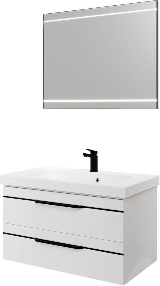 PELIPAL Badmöbel-Set Balto, (3-St), 92 cm mit LED-Spiegel,  Mineralmarmor-Waschtisch und 2 Auszüge