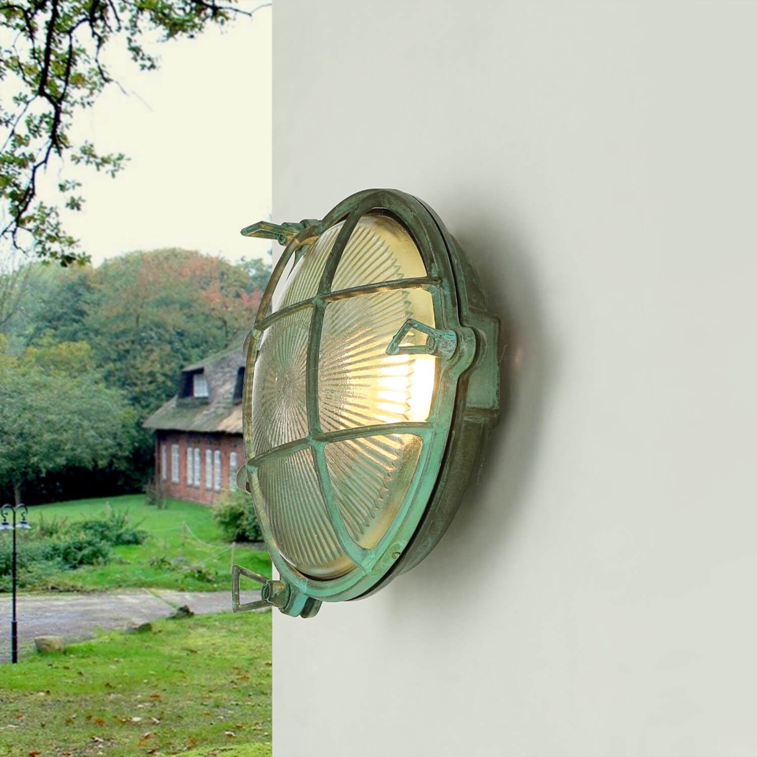 E27 21cm rostfrei Außen-Wandleuchte Garten Grün ohne Echt-Messing SERIFOS, Ø Balkon Leuchtmittel, Licht-Erlebnisse Glas IP64