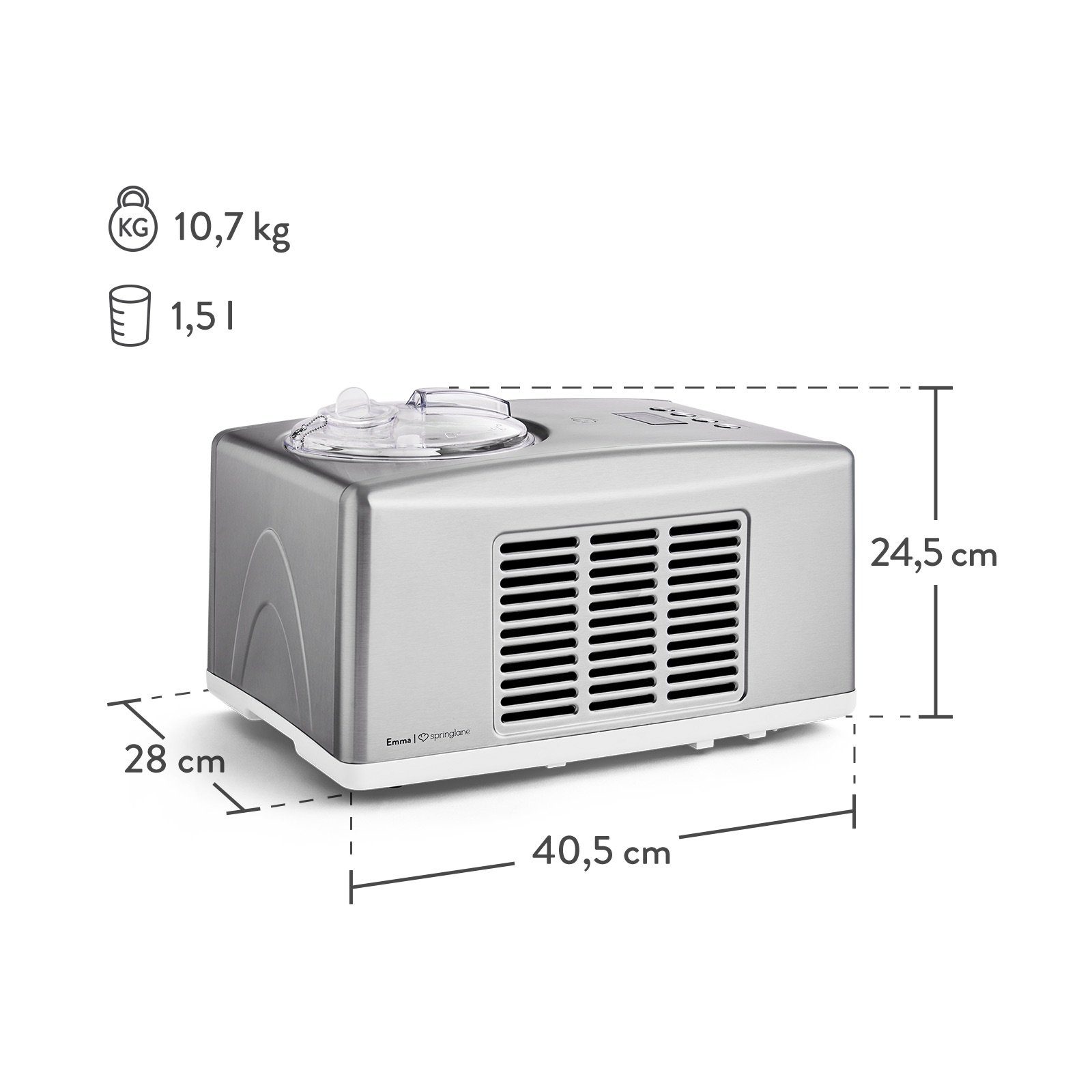 Springlane Eismaschine Eismaschine Emma Silber 1,5L Kompressor mit 150,00 selbstkühlendem 150W, W