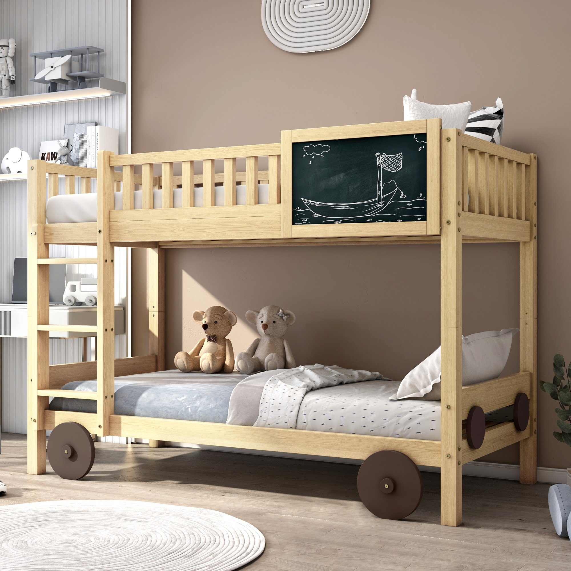 Etagenbett (Stockbett, Hochbett mit Lattenrost, Rausfallschutz, Leiter und MDF-Rädern), Kinderbett 90 x 200 cm, umbaubar in zwei Einzelbetten, Kiefer