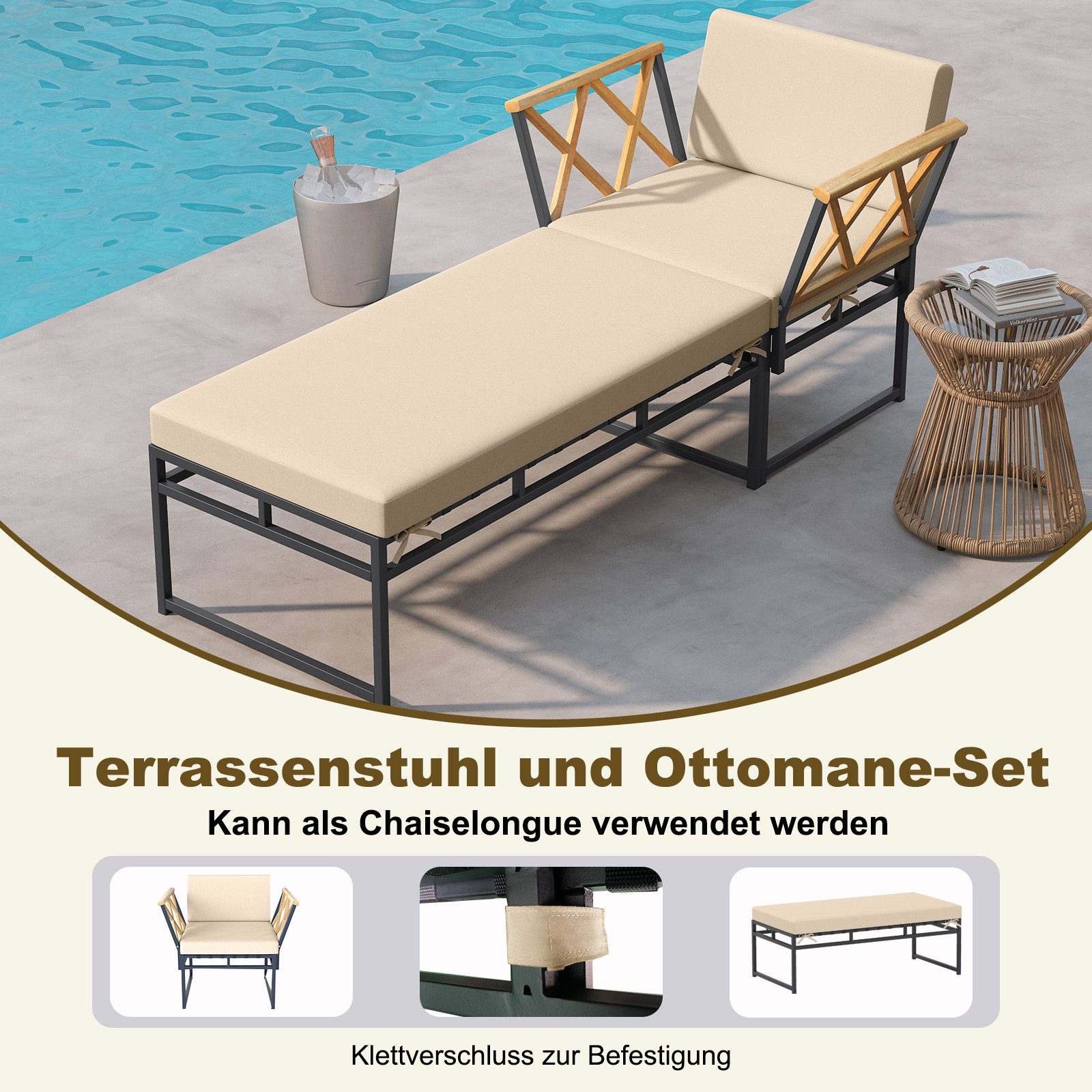 COSTWAY Gartenliege, Sonnenliege 2in1 Design mit Kissen Akazienholz Liegestuhl