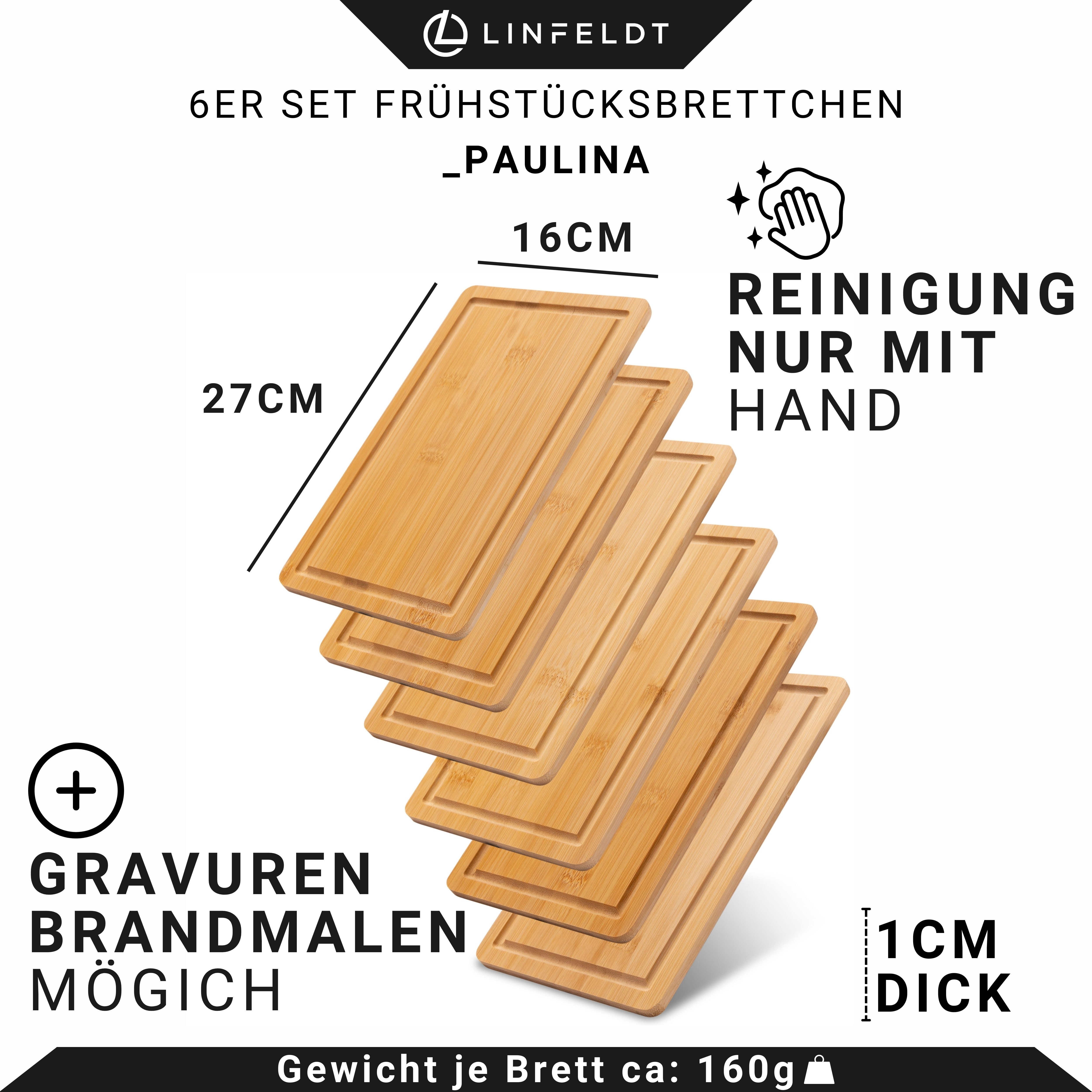 LINFELDT Frühstücksbrett 6er Set aus Bambus mit Saftrille - Rückseite Glatt - 27x16x1cm, (Set, 6-St., 6 Frühstücksbrettchen), mit Saftrille, glatte Unterseite – Bild 3 von 5