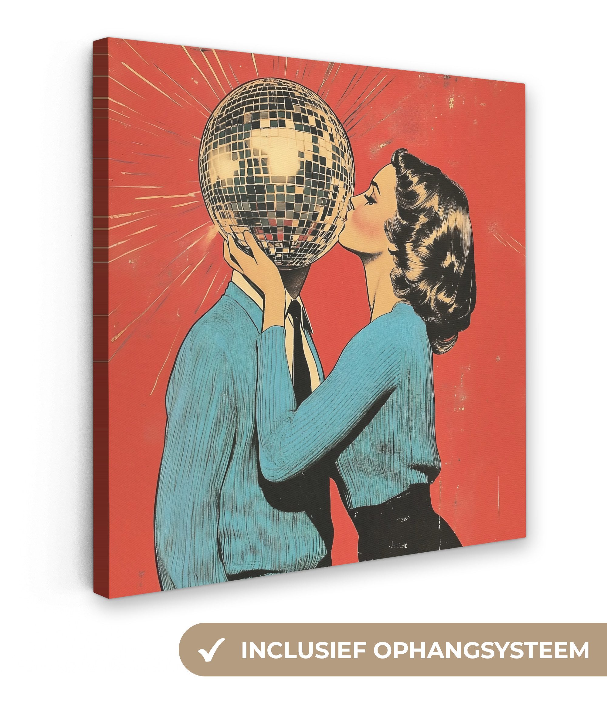OneMillionCanvasses® Leinwandbild Frau - Retro - Discokugel - Kuss, Fotodruck (1 St), Wandbild, Deko Schlafzimmer Wohnzimmer Flur 20x20 cm