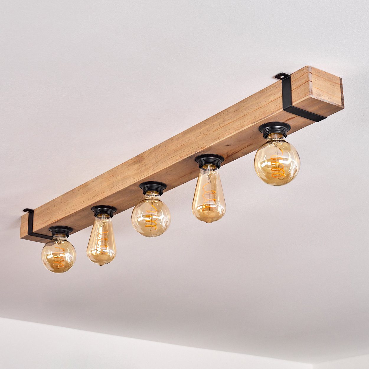 moderne Deckenleuchte 5x Leuchtmittel, Schwarz/Natur, Holzbalken, im Leuchtmittel Industrial-Style, E27. in aus Deckenlampe Metall/Holz hofstein ohne ohne