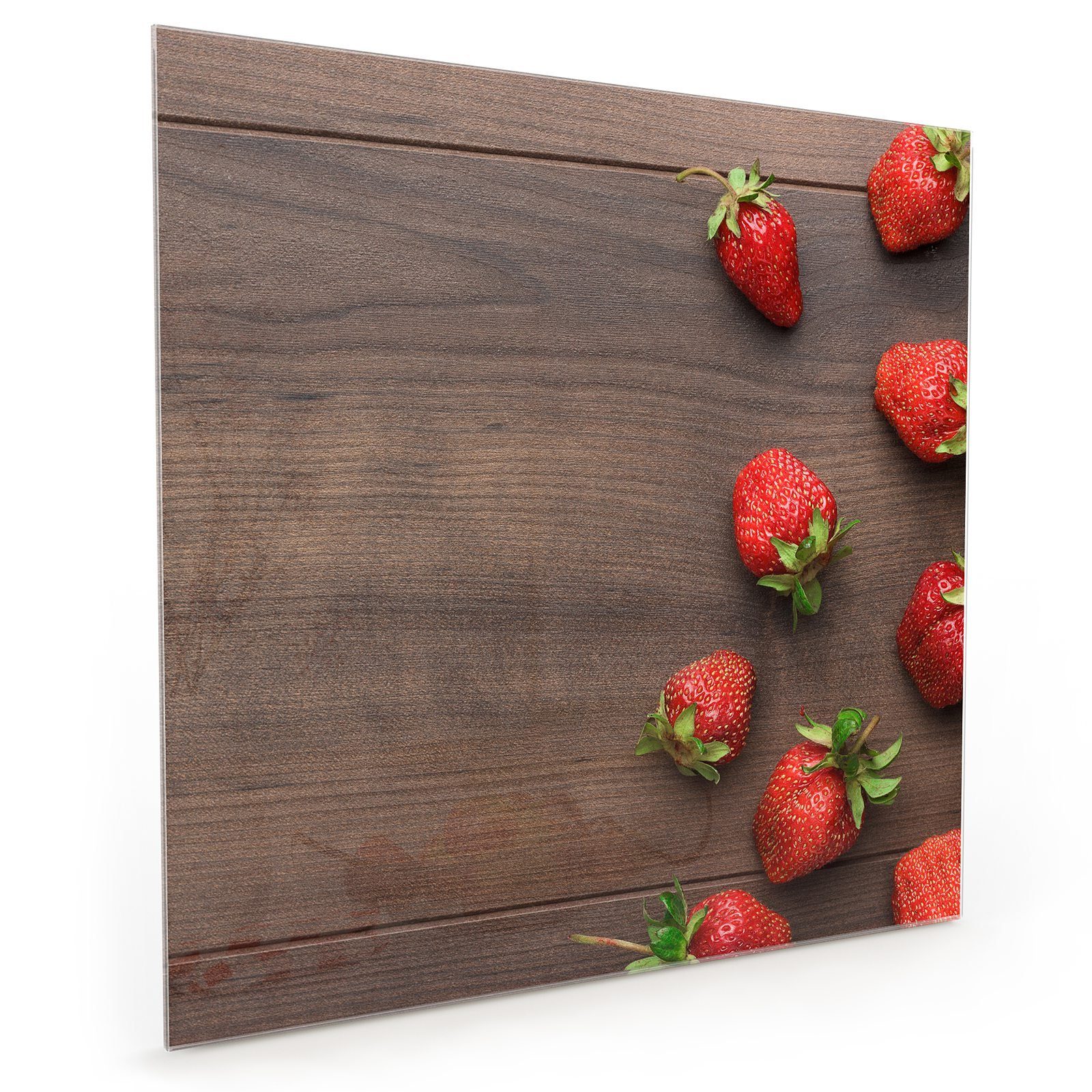 Primedeco Küchenrückwand Küchenrückwand Spritzschutz Glas mit Motiv Erdbeeren auf Holztisch