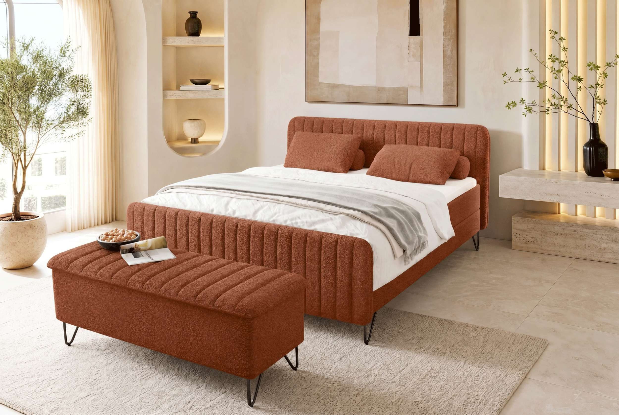 Sofa Dreams Boxspringbett Boxspringbett Aurelio Hocker (Schlafzimmerbett, Bett), mit Hocker, 140/160/180x200 cm, Bonell-Box, Topper, ohne Kissen