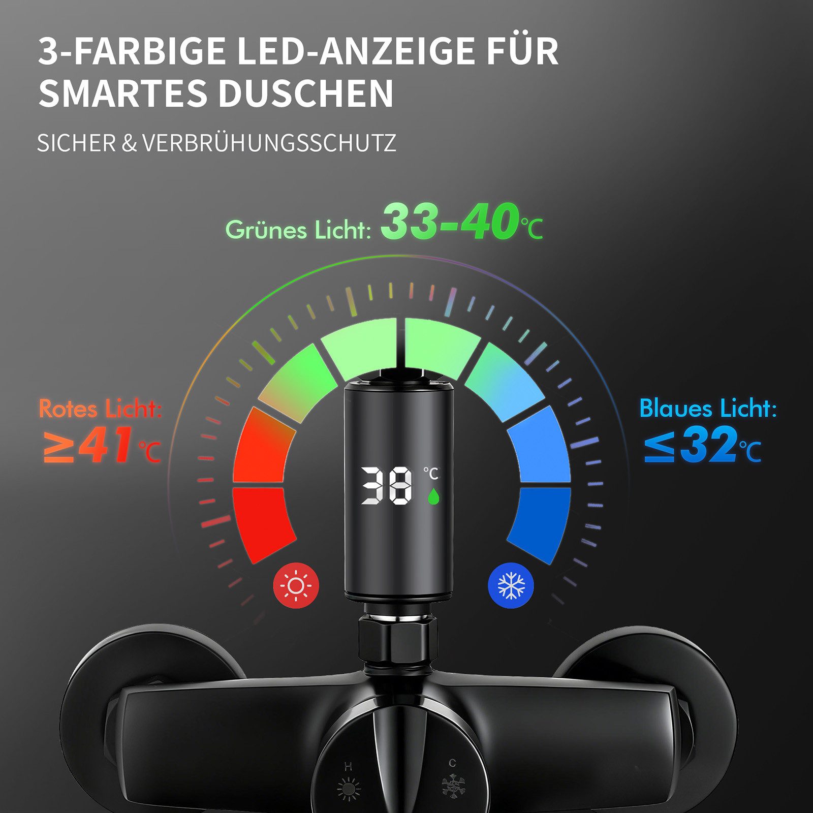 HOMELODY Duschsystem Regendusche 10 Zoll LED Temperaturanzeige 2 Funktionen, Mit LED Anzeige, 3 Strahlarten, höhenverstellbar, kein zweites Bohren