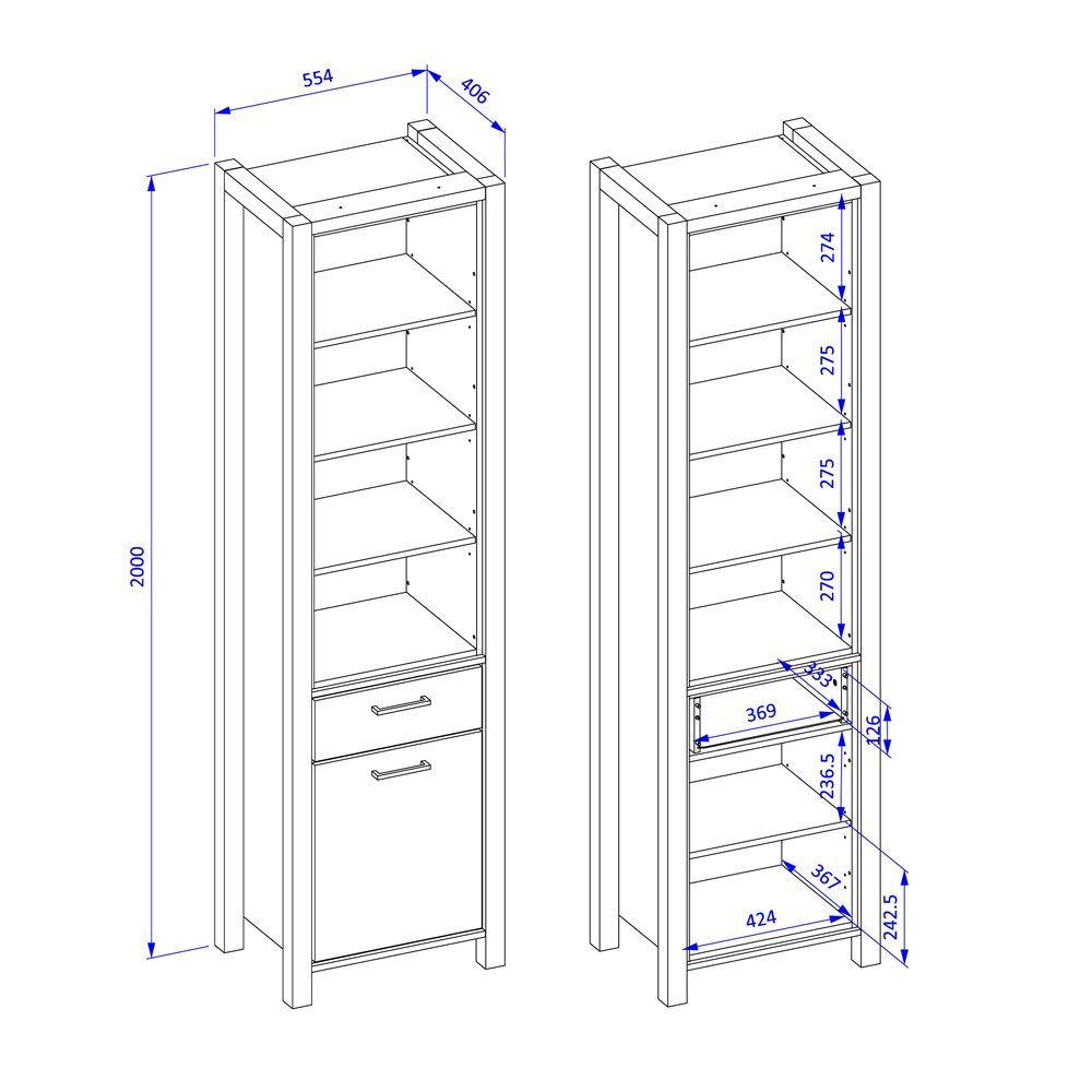 Taurus Eiche schwarzem Gestell 55/200/41 Lomadox ACCRA-83, cm Wohnzimmer und Buffet-Vitrine