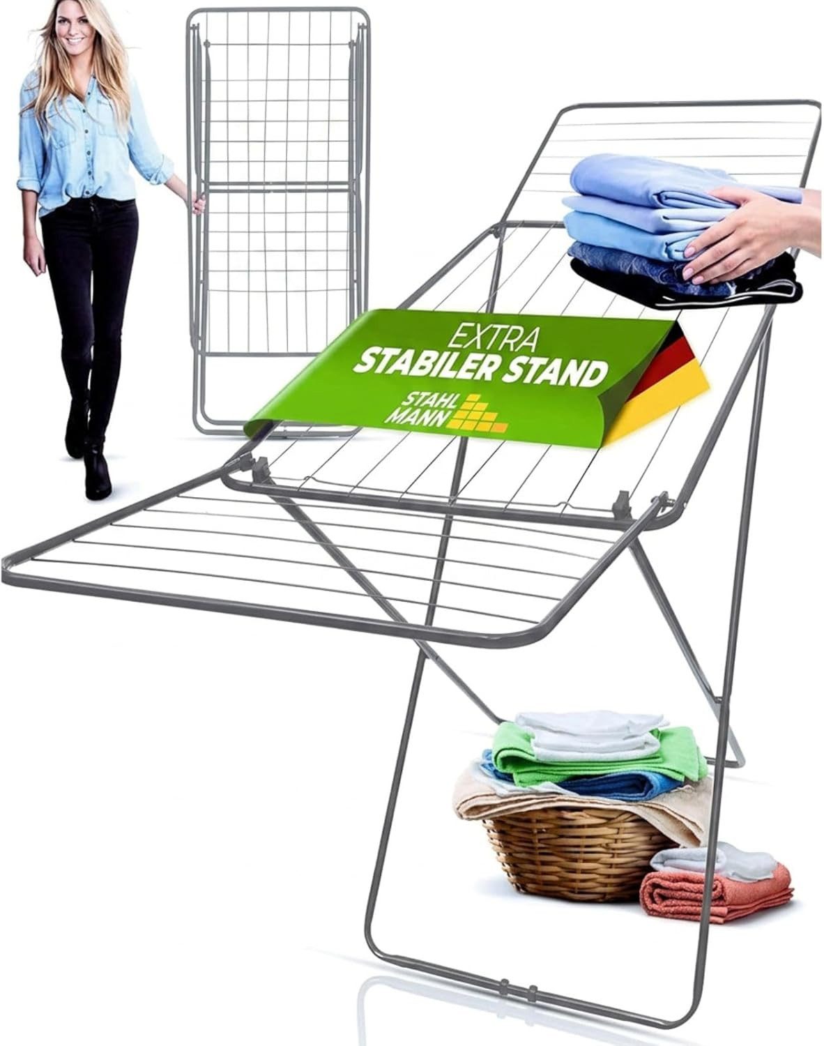 STAHLMANN COMMERCE GmbH Wäscheständer Comfort 18 [18 m Trockenfläche], Klappbar, Made in EU, Silber, 18 m Trockenfläche · Klappbar · Made in EU