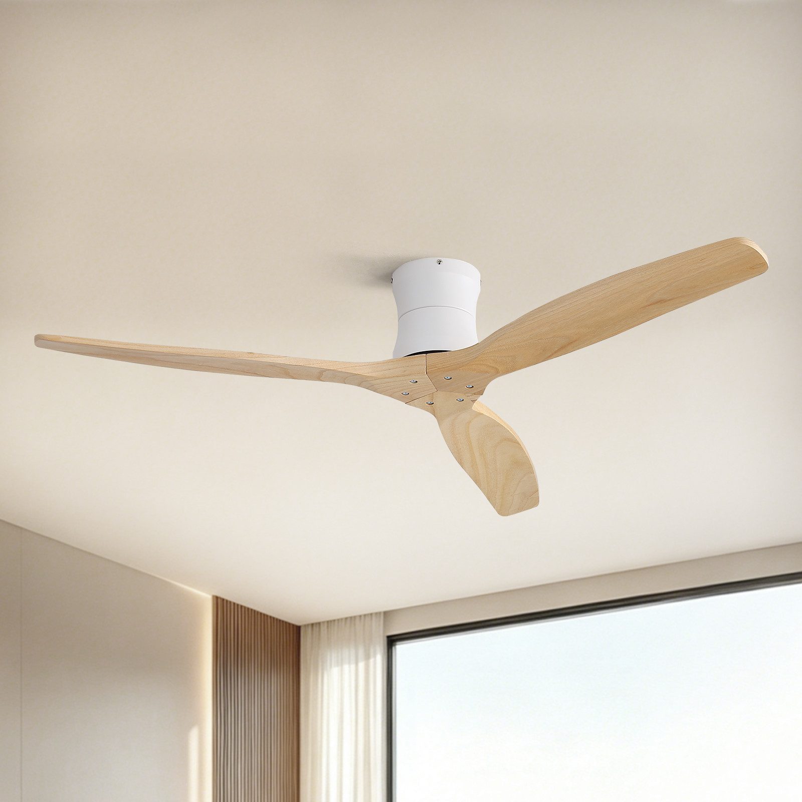 Sofucor Deckenventilator mit 3 Echtholzflügeln, leiser DC-Motor, 6 Geschwindigkeiten, Φ 132cm, mit Fernbedienung, Timer (1/4/8 h), ohne Leuchte und Aufhängung