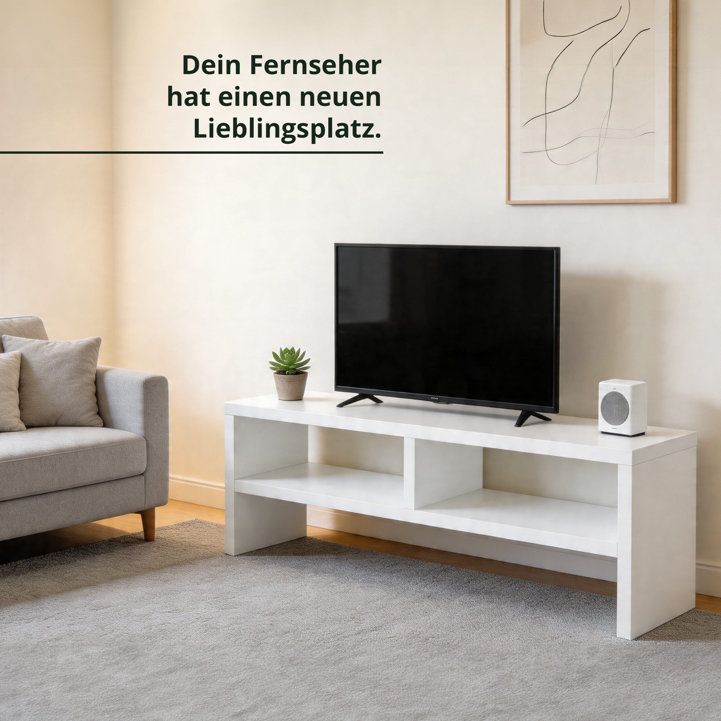 KHG TV-Board TV-Schrank Weiß mit 2 offenen Fächern 140x45x35 cm (Kompaktes Lowboard mit viel Stauraum, stabile Konstruktion, 1 St., Kabelmanagement durch offene – Bild 2 von 5