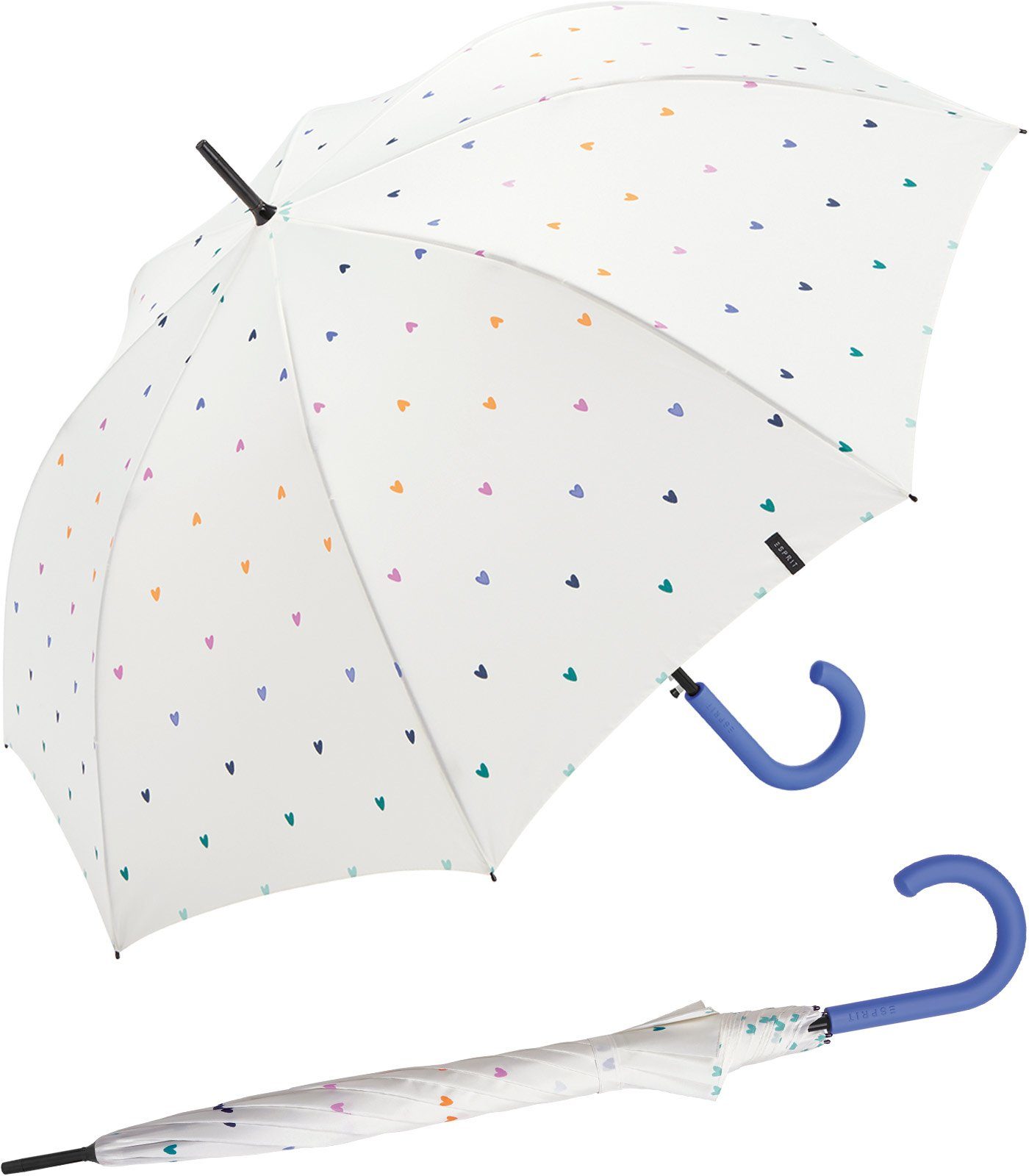 Esprit Langregenschirm Damen Regenschirm mit Automatik Sweatheart, groß und stabil, mit vielen kleinen, bunten Herzen weiß