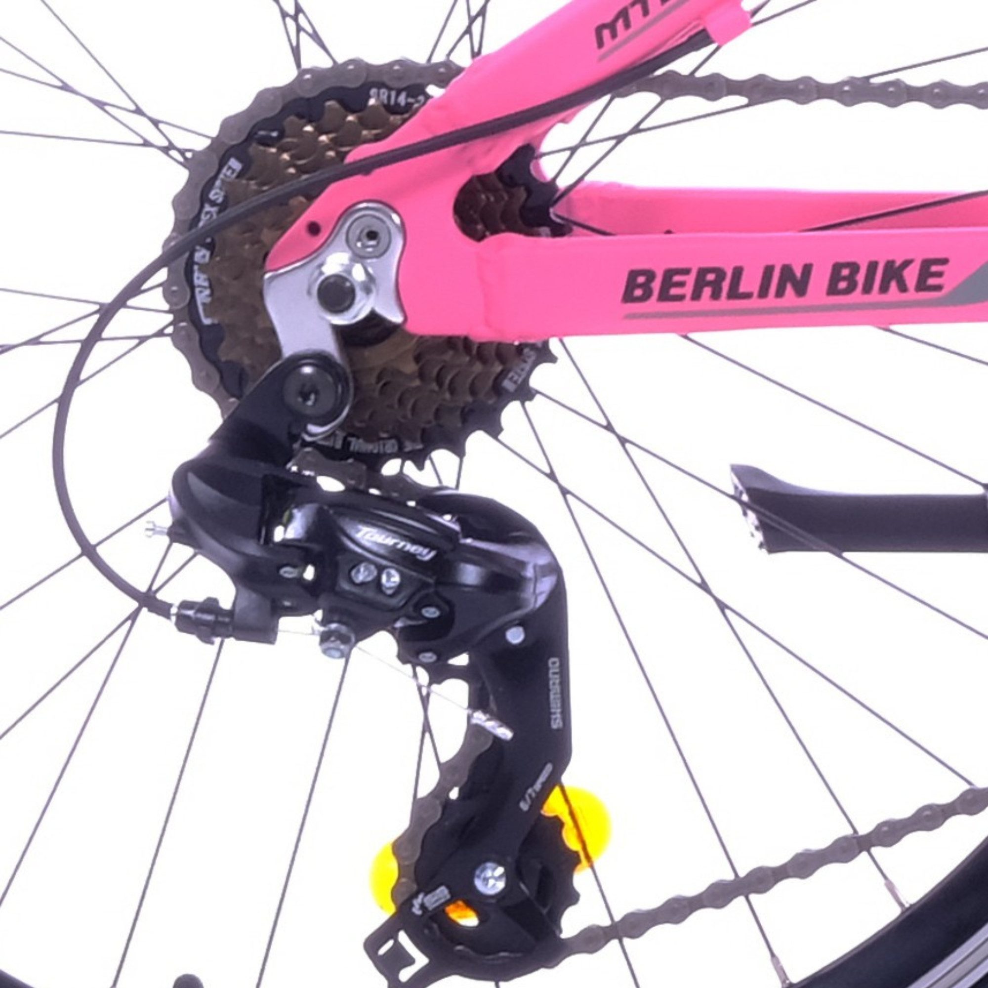 BERLIN BIKE 24-inch Mountain Bike with Aluminum Frame – Pink, 21-speed Shimano RD-TY300/TY500 derailleur, (Aluminum frame & V-brakes – lightweight, stable, safe, with complete tool kit), with 24" x 2.10" pneumatic tires, ideal for off-road and everyday use