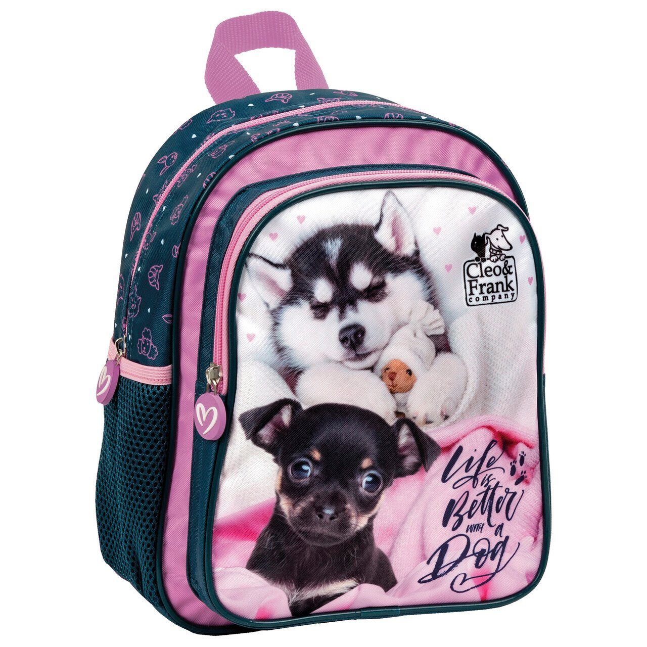 DERFORM Kinderrucksack Hunde Kinder Rucksack 28 cm Kindergarten Tasche rosa blau Mädchen, Cleo & Frank