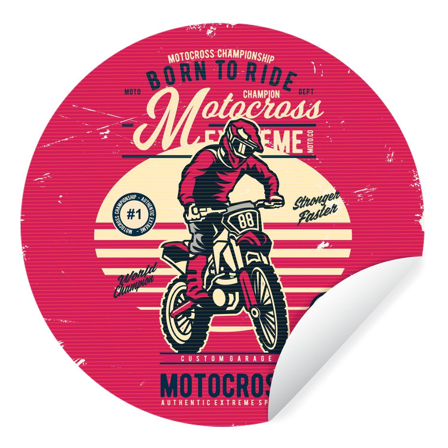 Motocross - Zeichnung Retro MuchoWow Mann (1 Wohnzimmer - Kinderzimmer, für Wandsticker Rund, Tapetenkreis - St), Tapetenaufkleber,