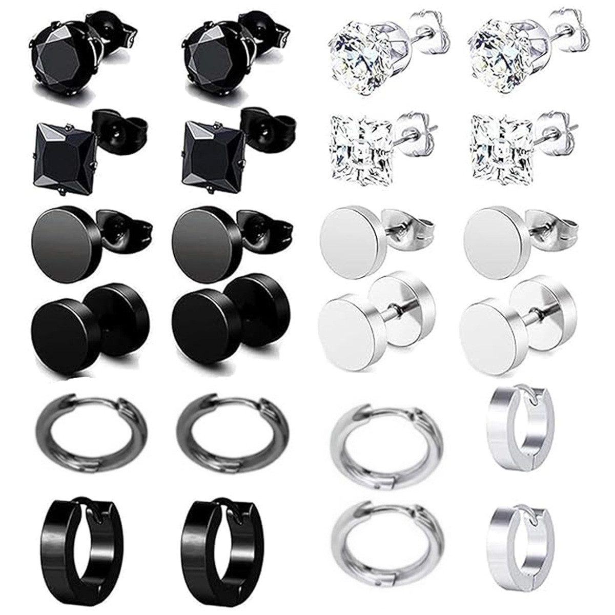 Ohrstecker-Set 12 Paar Herren Ohrringe Schwarz, Edelstahl Ohrstecker hypoallergen