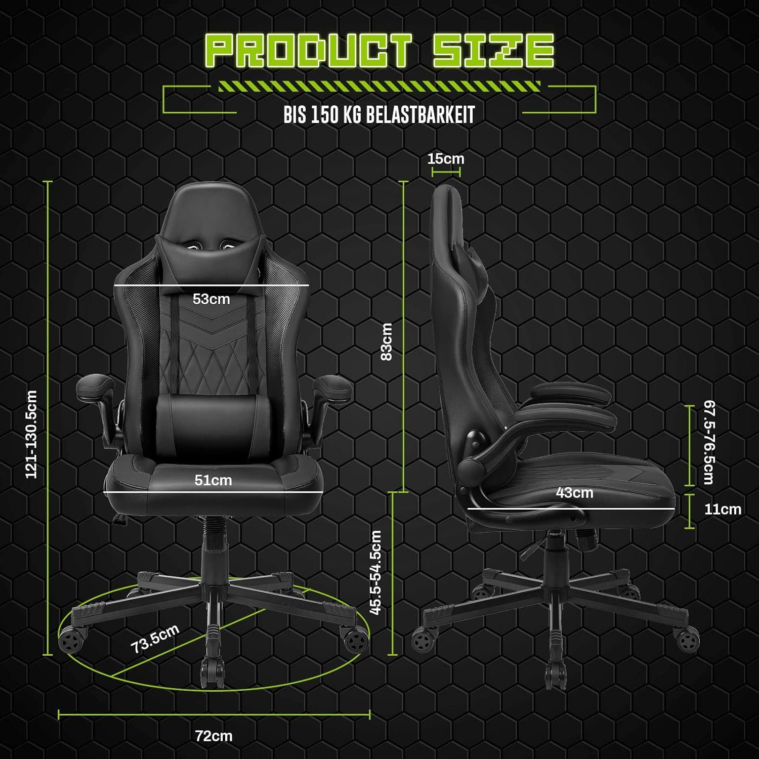 150KG armlehnen und hochklappbarer Gaming Bürostuhl BASETBL Rückenlehne hoher Schreibtisch,Chefsessel, ergonomisch klappbaren mit (PC breite Atmungsaktiv,bis Gaming sitzfläche, mit mit Stuhl Rollen), Chair