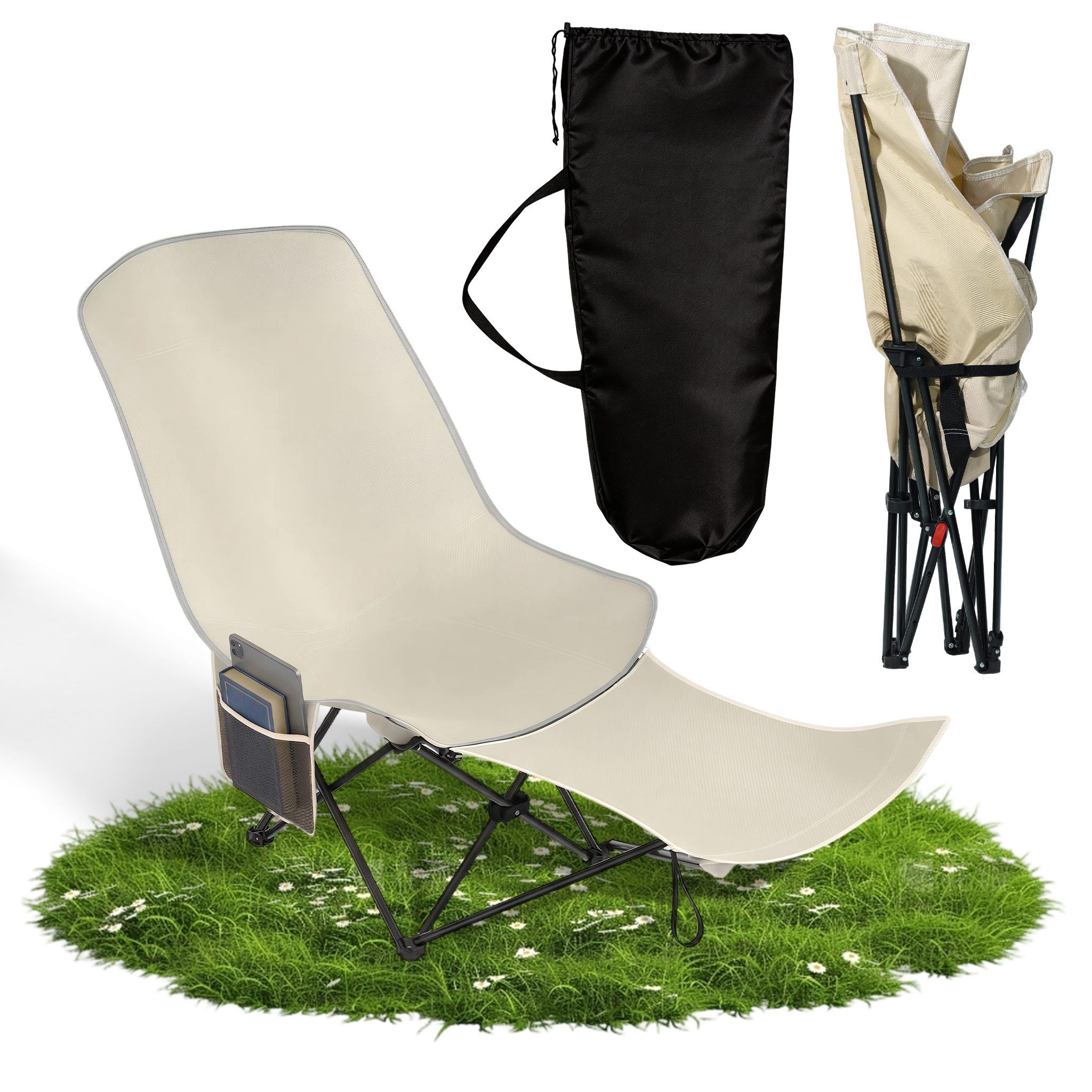 FIVMEN Campingstuhl Klappstuhl mit Verstellbarer Rückenlehne Camping Strandstuhl, Liegestuhl mit Tasche & Fußstütze, für Garten, Picknick