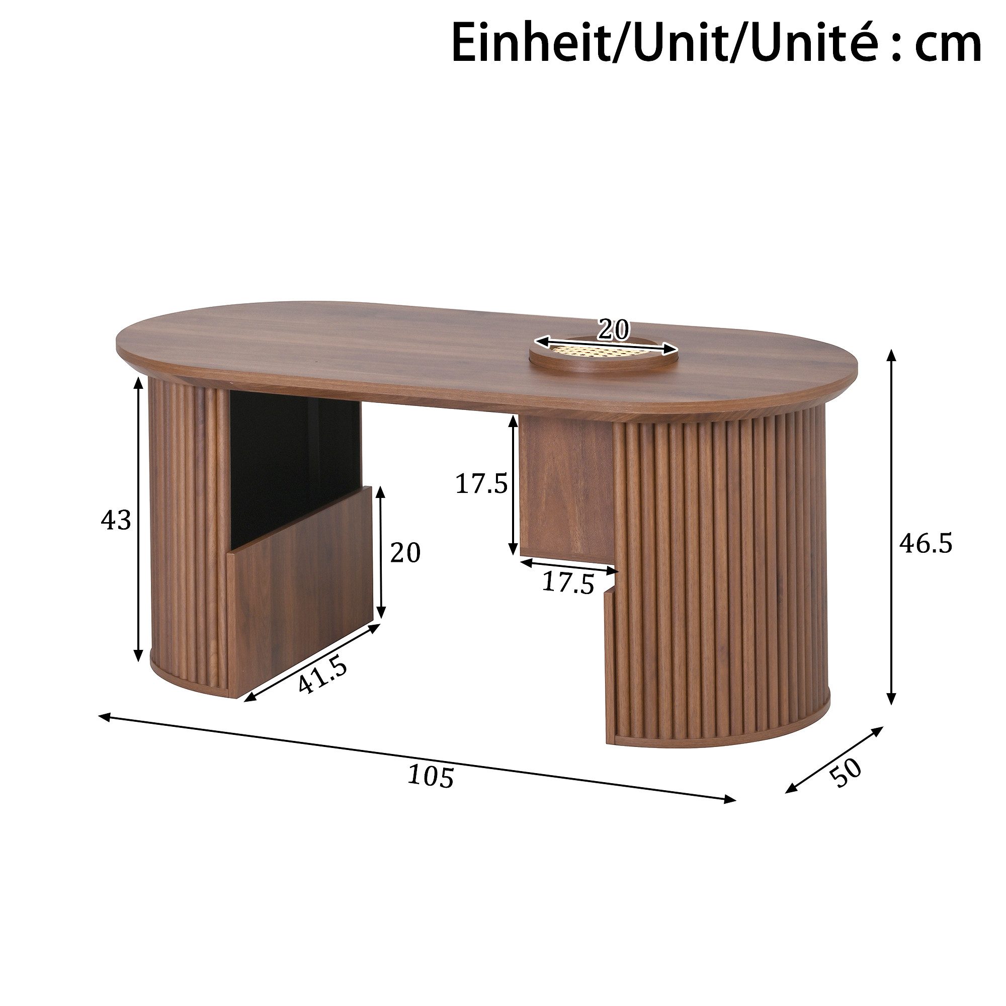 KLAM HOME Couchtisch Couchtisch oval im Retro-Stil, Nussbaum Optik (Mit vertikaler Textur und integrierter Aufbewahrung), Modernes Wohnzimmertisch aus MDF, 105x50x46,5cm