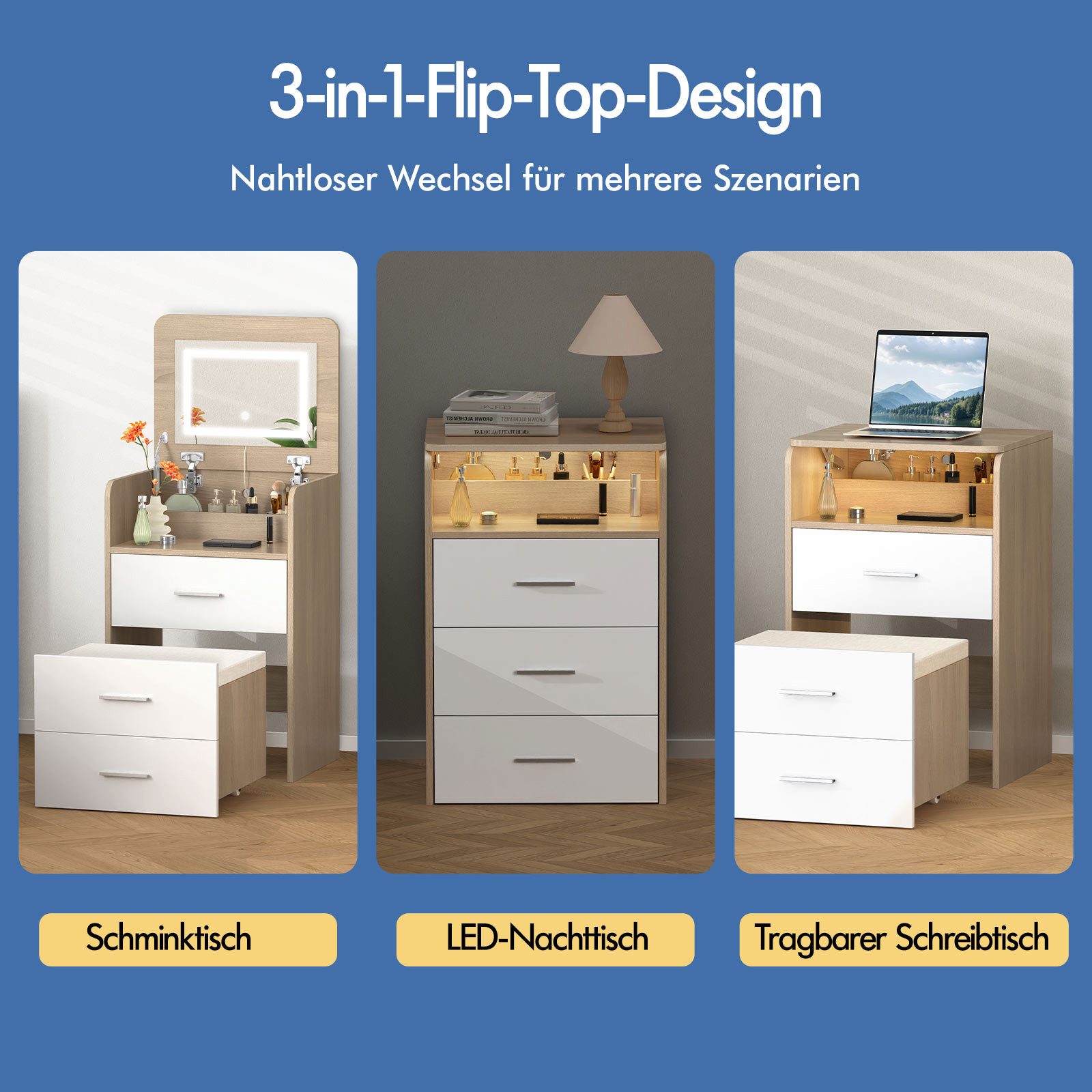 ALFORDSON Schminktisch LED-Nachttisch, tragbarer Schreibtisch, 3-in-1-Flip-Top-Design (1-St), Mit beleuchtetem Spiegel, Stauraum und klappbarer Platte