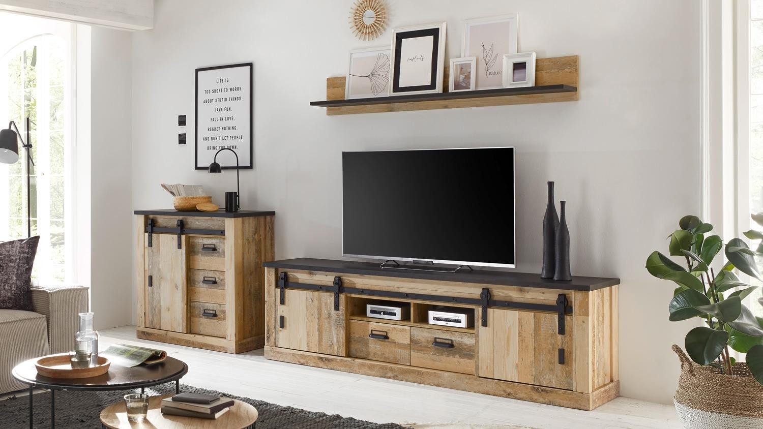 IMV Wohnwand Wohnwand Sherwood W2 Old Style hell anthrazit soft-close, (3-St)