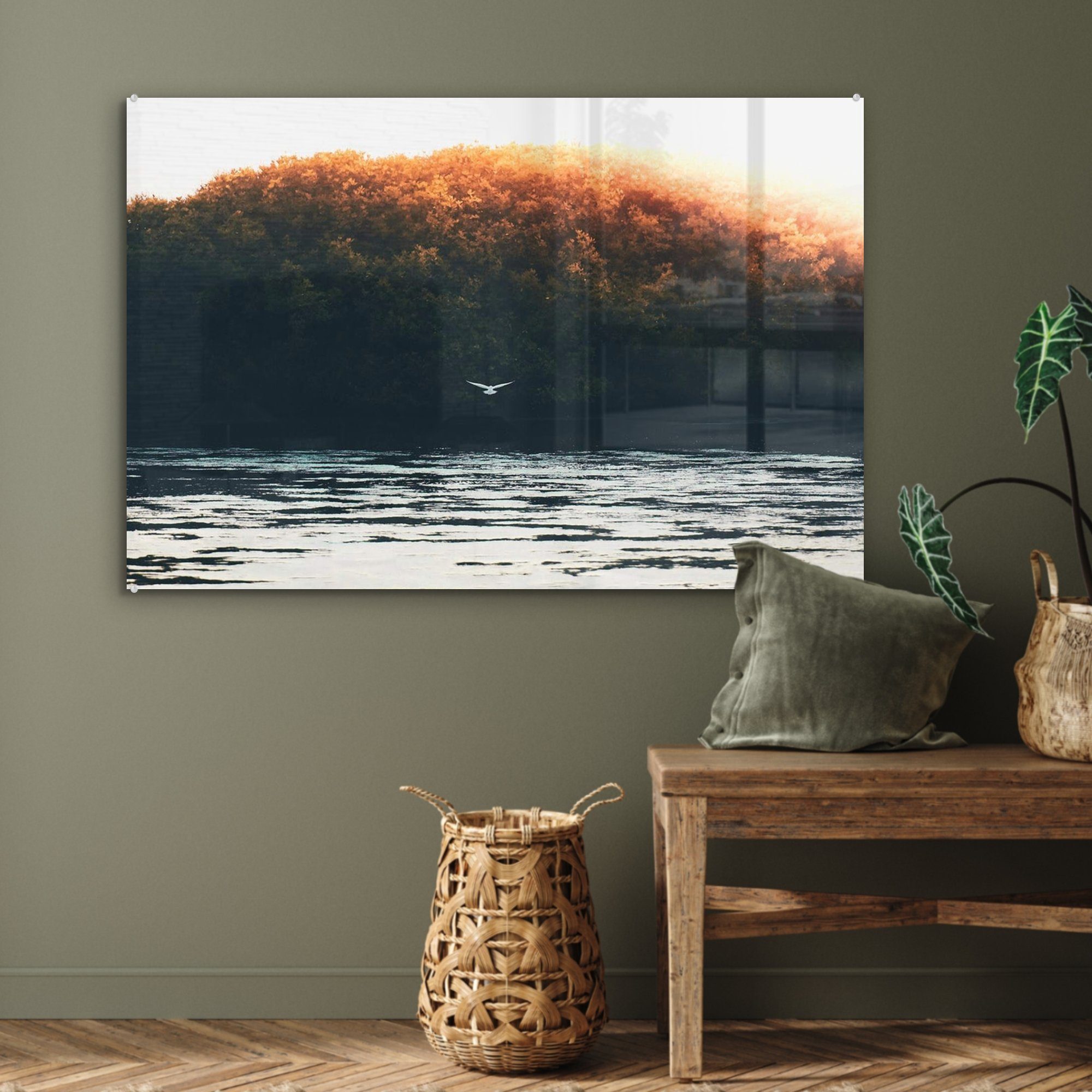 MuchoWow Acrylglasbild & - (1 St), Wohnzimmer - Acrylglasbilder Vogel Wasser, Baum Schlafzimmer