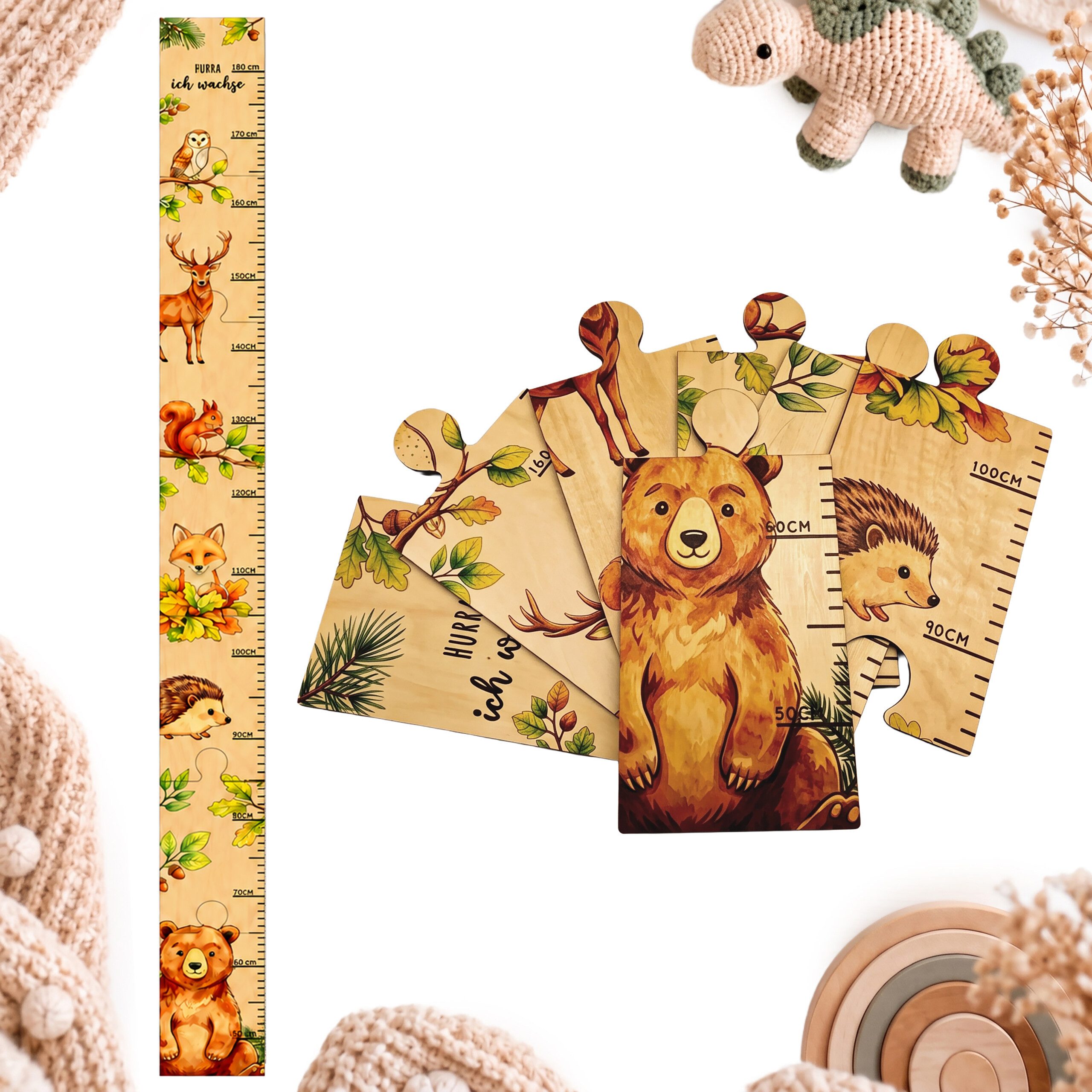 relaxdays Messlatte Kinder Holz 50-180 cm (7-tlg), Waldtiere