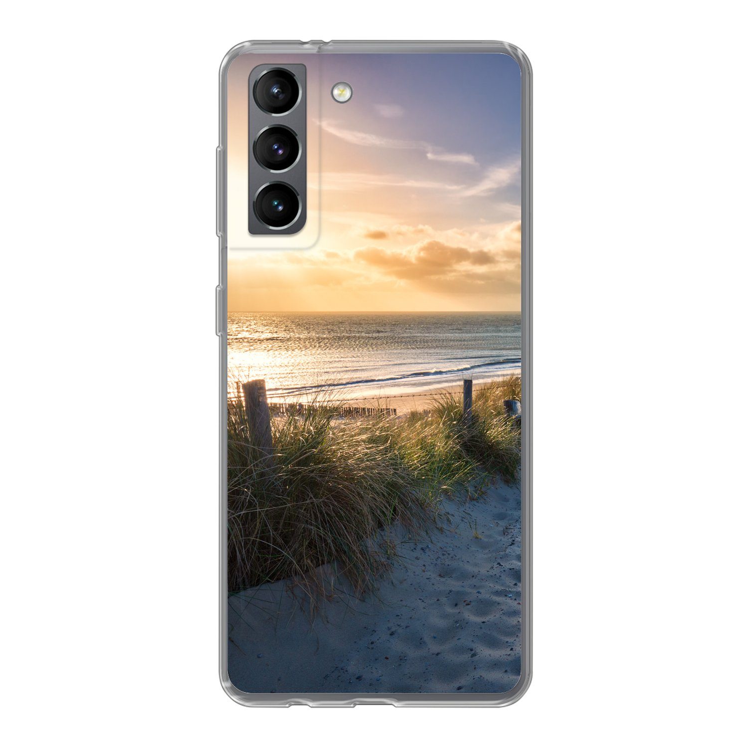 MuchoWow Handyhülle für Samsung Galaxy S21 Sonnenuntergang - Strand - Düne - Gras - Bank, Phone Case, Silikon, Schutzhülle Dünn