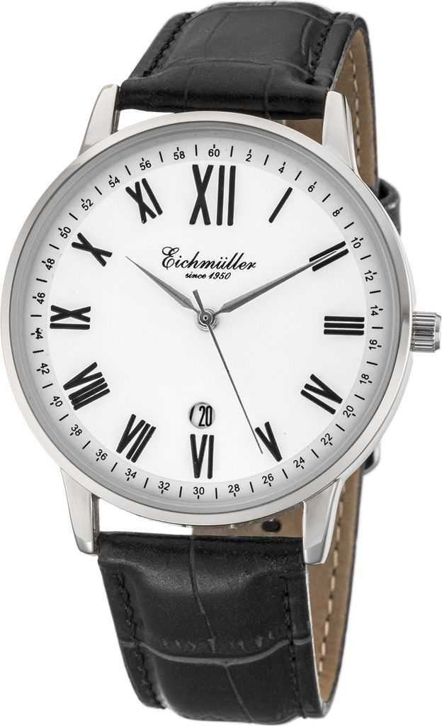 Eichmüller Quarzuhr Herrenuhr RE1102 silberfarben-weiss-schwarz Lederband 40 mm | Quarzuhren