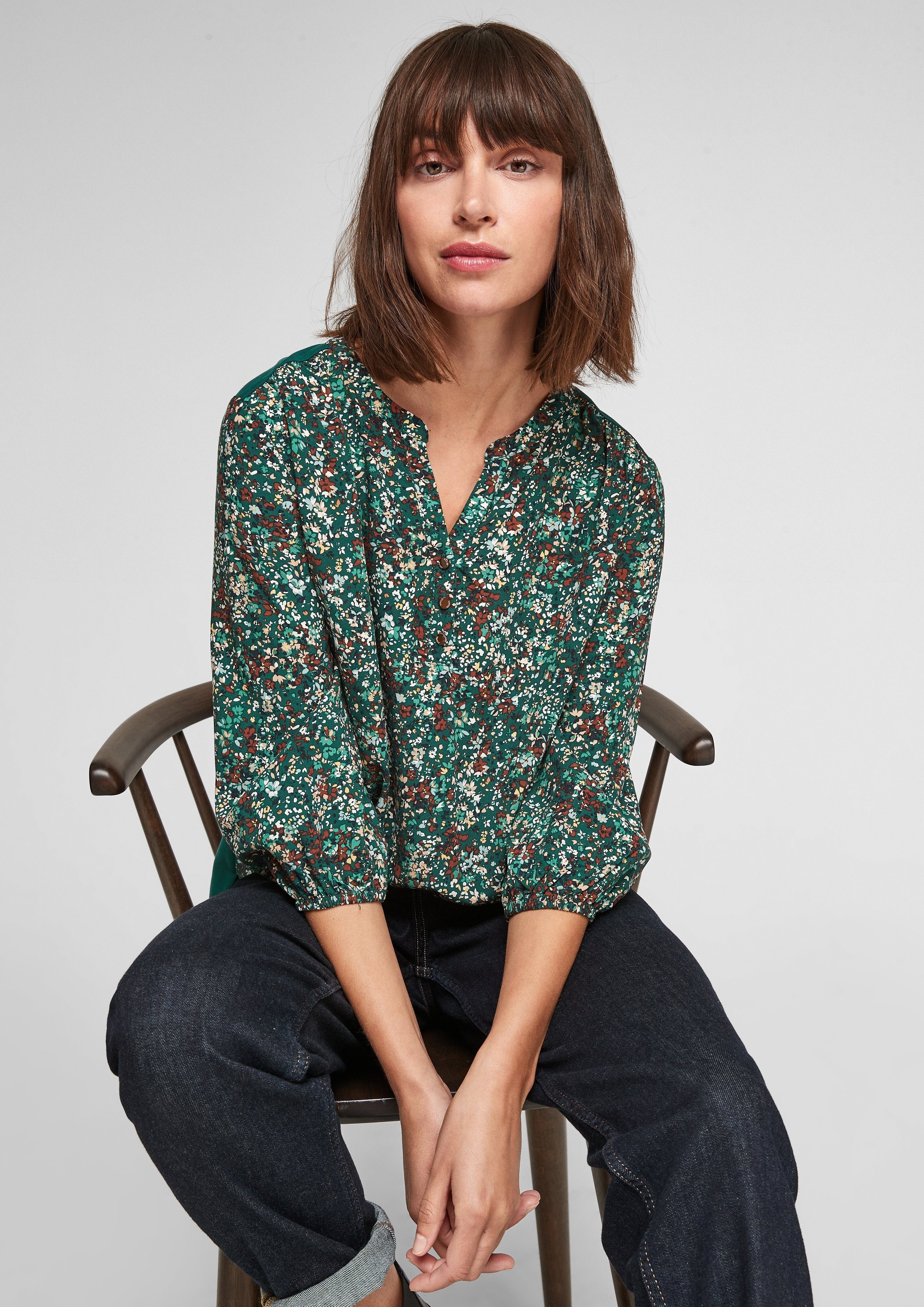 s.Oliver 3/4-Arm-Shirt »Fabricmix-Shirt mit Blumenmuster« (1-tlg) Raffung  online kaufen | OTTO