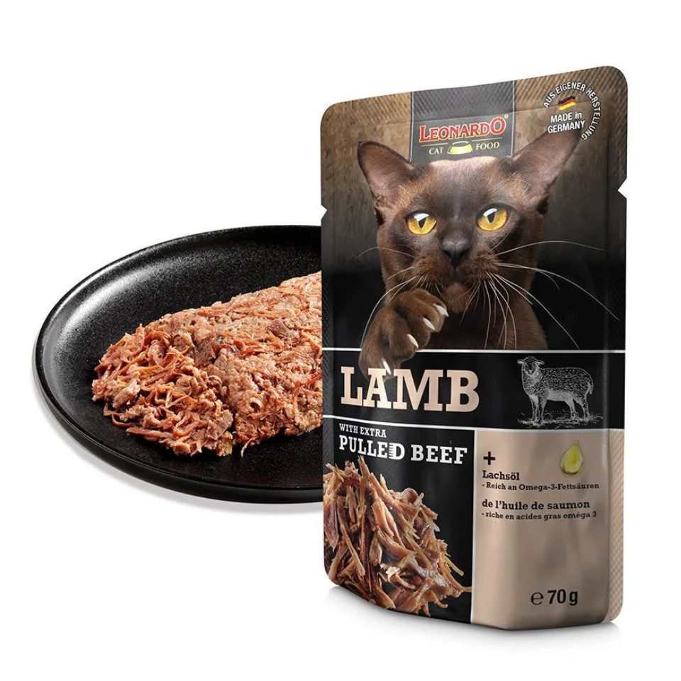 Leonardo Catfood Lamb with extra Pulled Beef - Lammpaté mit gezupftem Rindfleisch 16x70g, Nassfutter für: Katzen