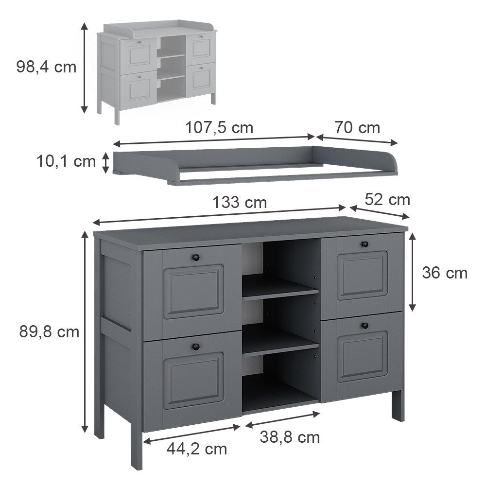 VitaliSpa® Wickelkommode Ajaton, Grau, 133 x 98.4 cm mit 4 Schubladen