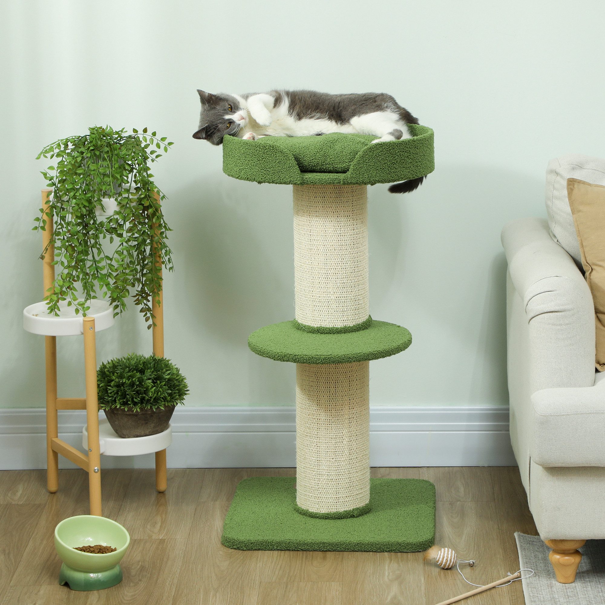 PawHut Kratzbaum mit Sisalstämme, Plattform, Подушки, für mittelgroße Katzen unter 5 kg, Grün