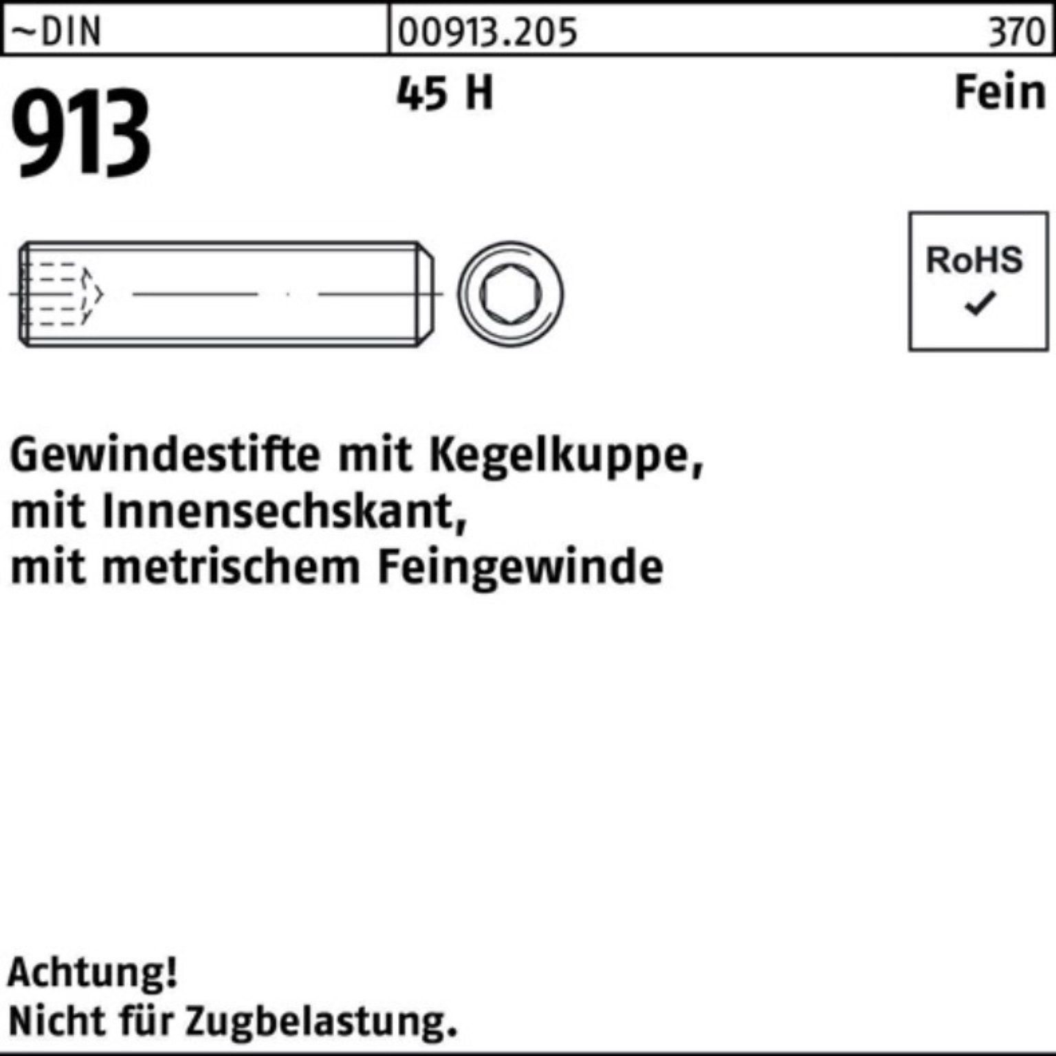 Reyher Gewindebolzen 100er Pack Gewindestift DIN 913 Kegelkuppe/Innen-6kt M10x1x45 45 H Fei | Gewindestangen